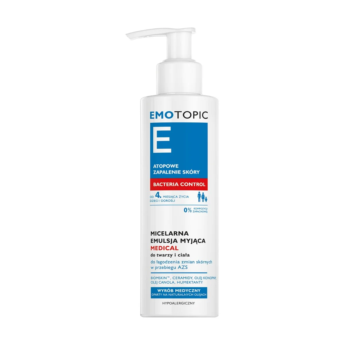Emotopic Bacteria Control Medical Emulsja micelarna myjąca do twarzy i ciała, 190 ml