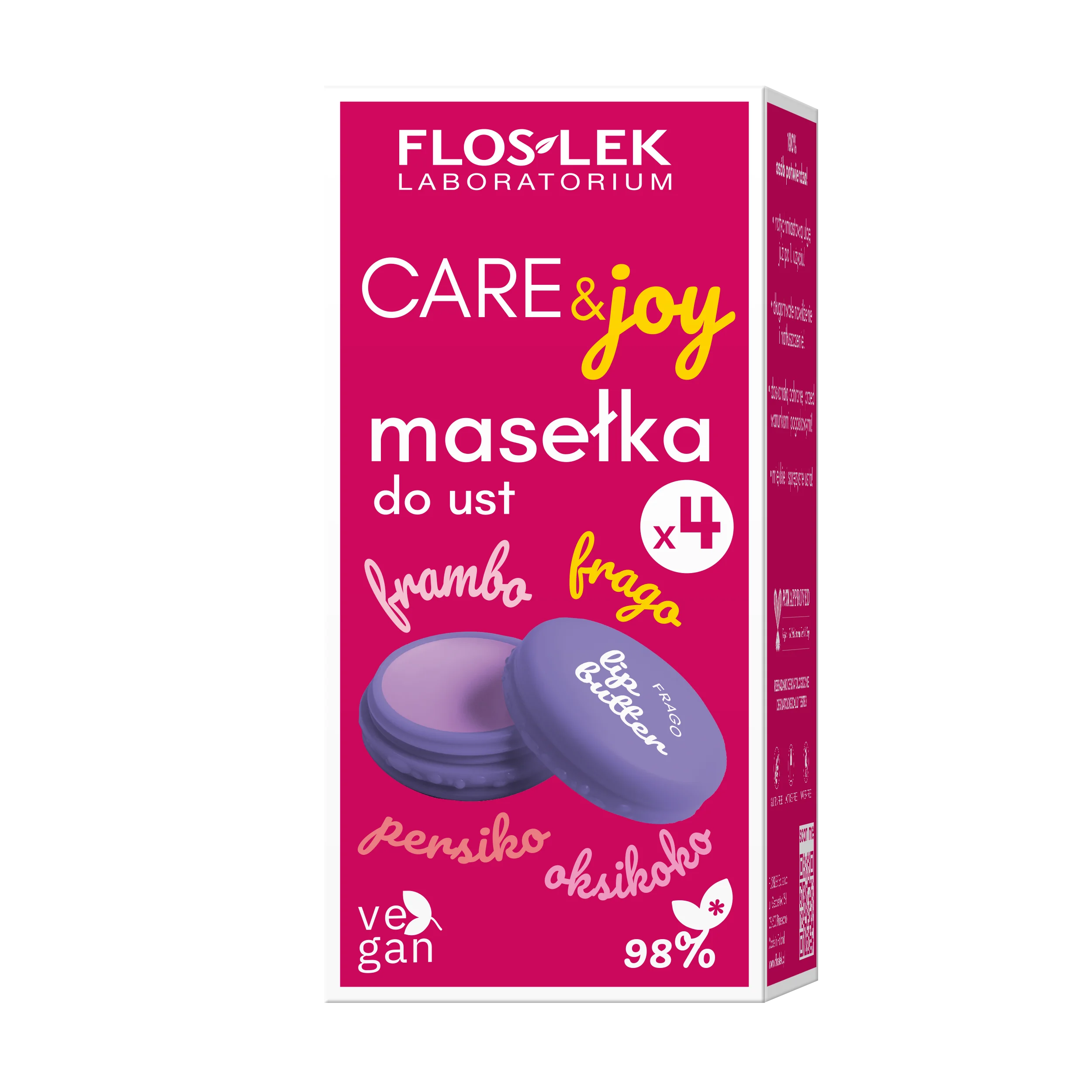 Floslek KISS ME LIPS Zestaw masełka do ust: FRAGO, FRAMBO, PERSIKO, OKSIKOKO, 4 x 10 g