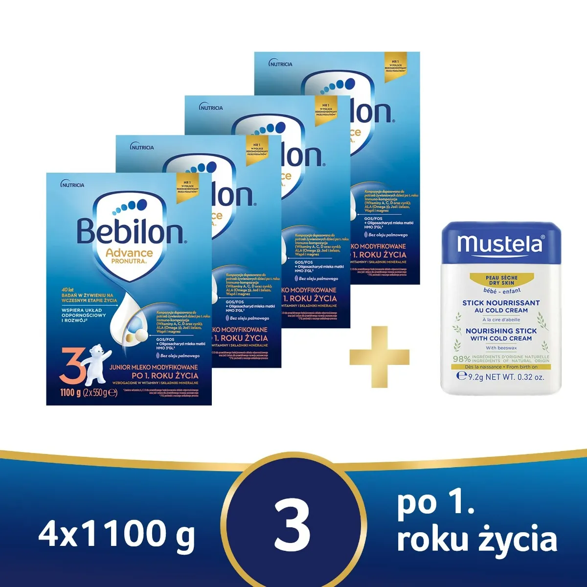 Bebilon 3 Pronutra Advance, mleko modyfikowane po 1. roku życia, 4 x 1100 g + Mustela Bebe, sztyft ochronny z Cold Cream, 9,2 g