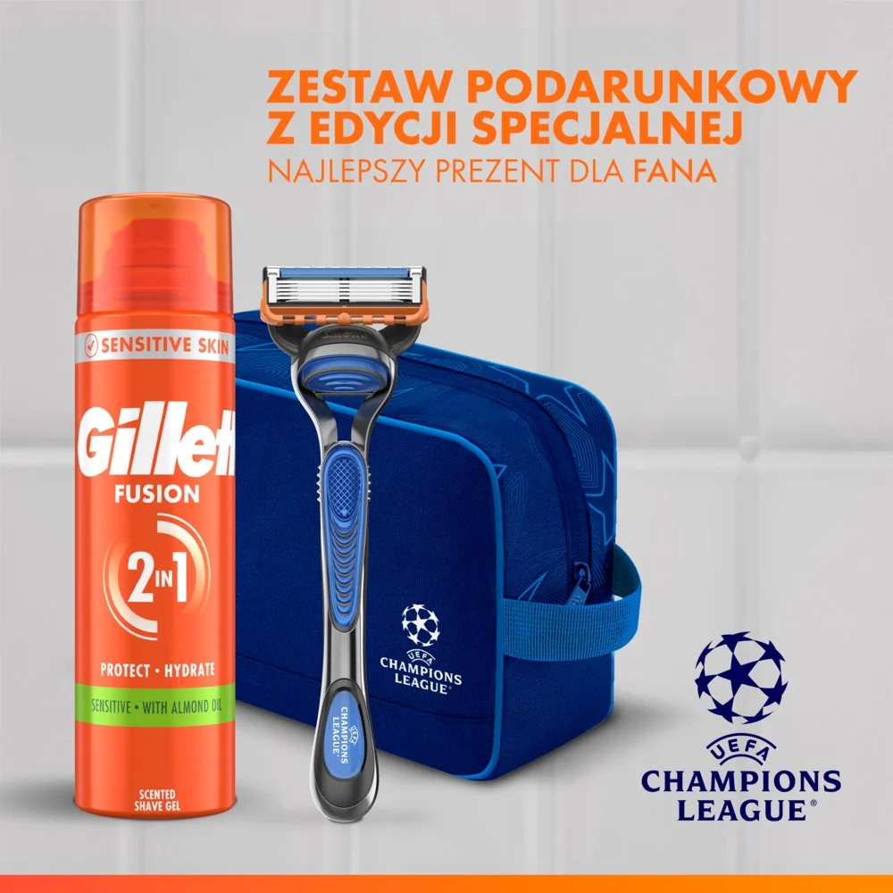 Gillette Fusion5 UEFA Champions League Special Edition Zestaw maszynka do golenia + 4 głowice + żel do golenia, 200 ml
