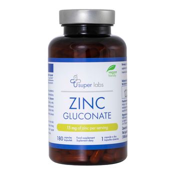 Super Labs Zinc Gluconate, suplement diety, 180 kapsułek 