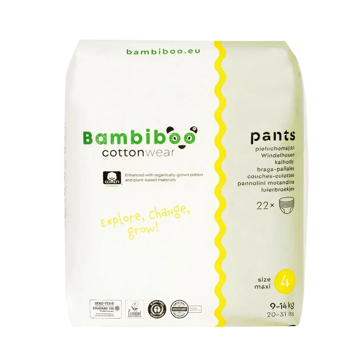 Bambiboo COTTONWEAR jednorazowe pieluchomajtki z bawełną organiczną rozmiar 4, 22 szt.