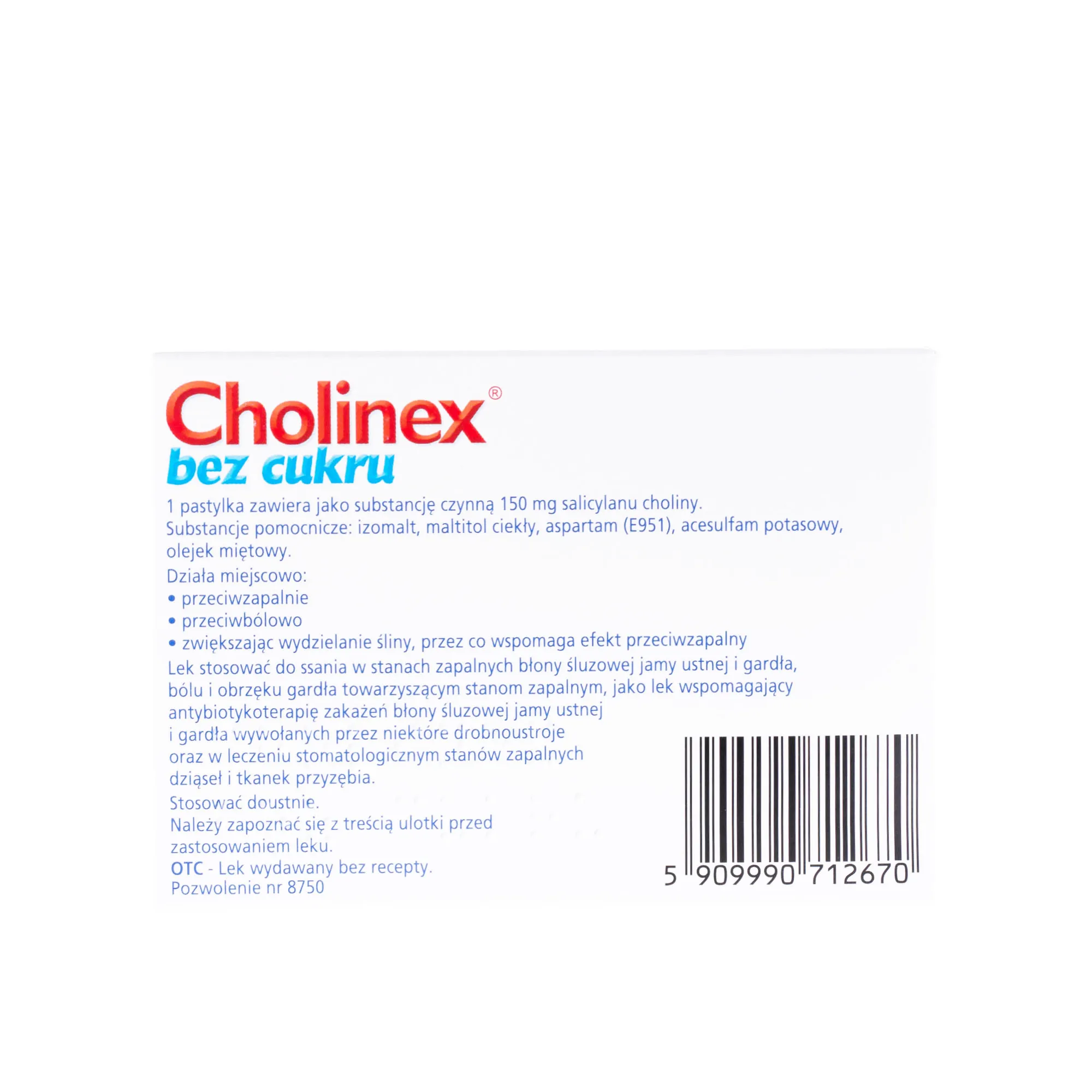 Cholinex bez cukru, ( Cholini salicylas ) 150 mg, 24 pastylki twarde 