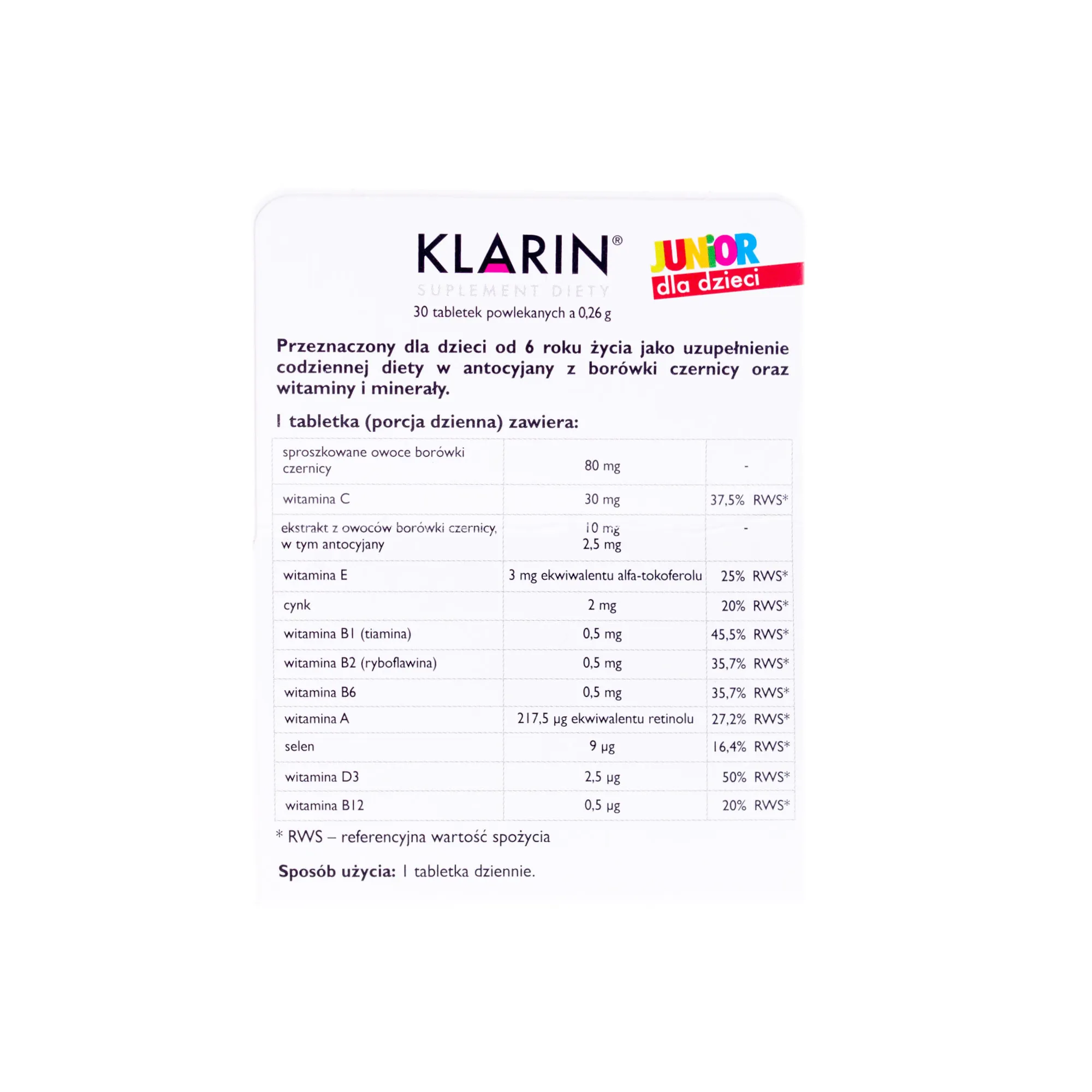 Klarin Junior, 30 tabletek powlekanych dla dzieci z witaminą D3 