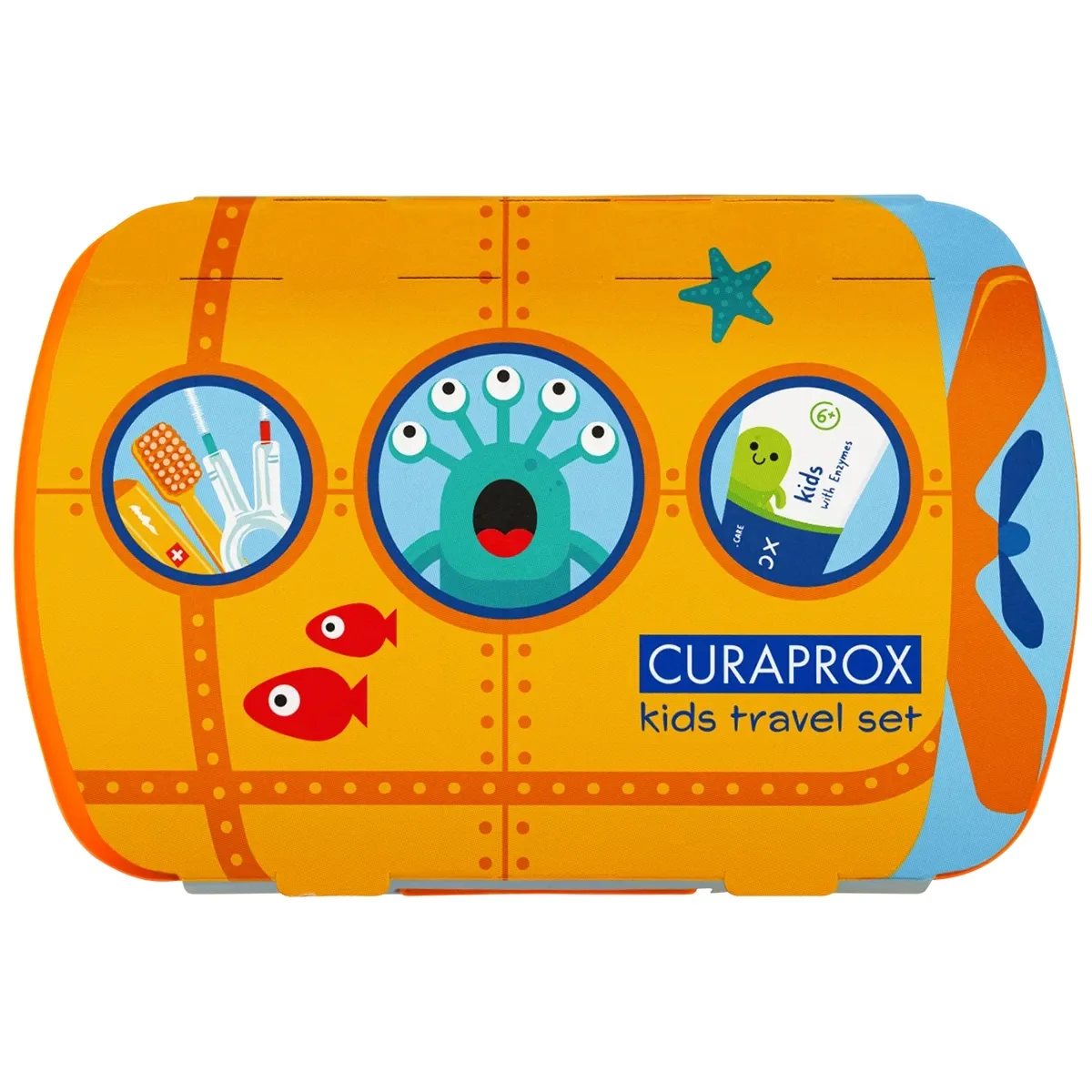 Curaprox Travel Set Kids zestaw podróżny do czyszczenia zębów dla dzieci 6-12 lat pomarańczowy