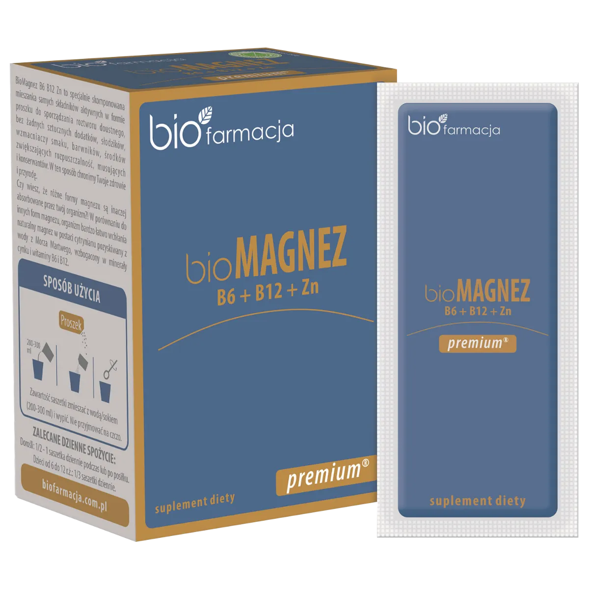 Biofarmacja bioMAGNEZ B6+B12+Zn Premium naturalny magnez i cynk z witaminami B6 i B12, 20 saszetek