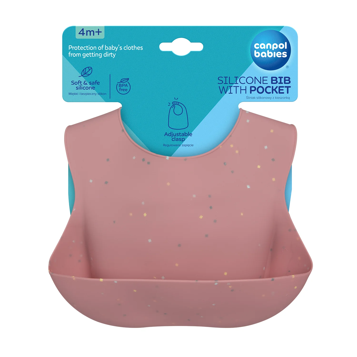 Canpol Babies Śliniak silikonowy z kieszonką DOTS różowy, 1 sztuka