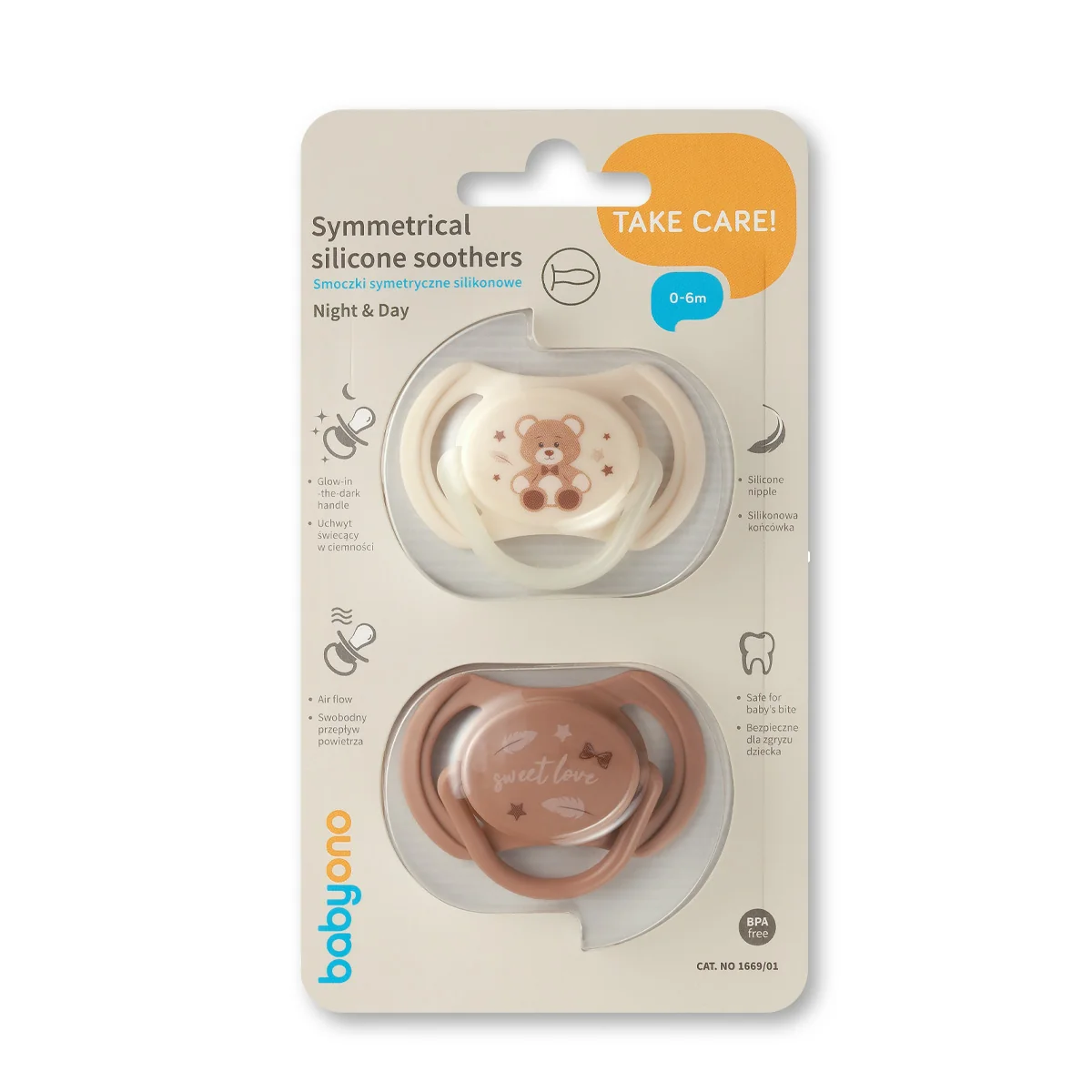 Babyono silikonowy smoczek symetryczny 0-6 m, 2 sztuki