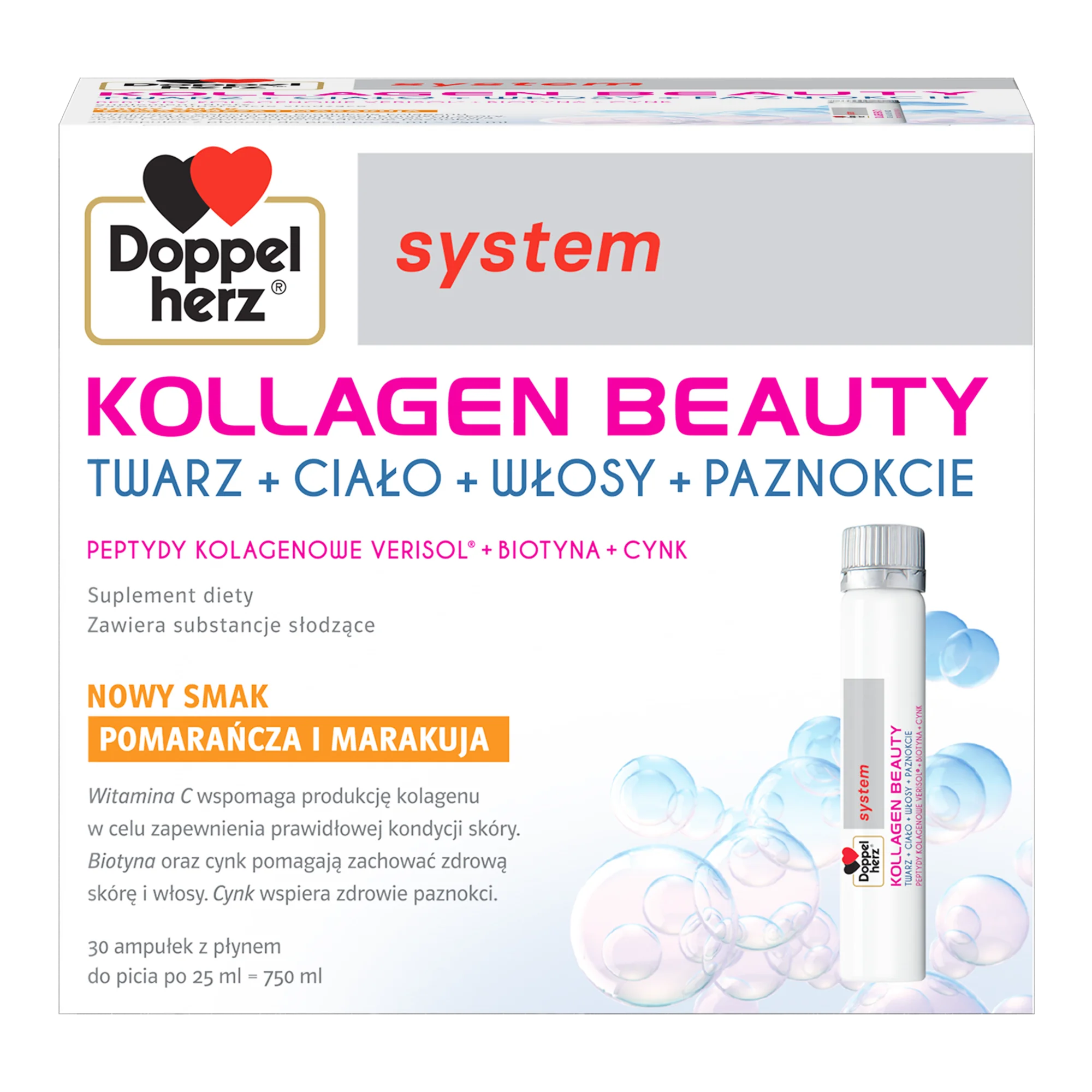 Doppelherz System Kollagen Beauty pomarańcza i marakuja, płyn, 30 x 25 ml