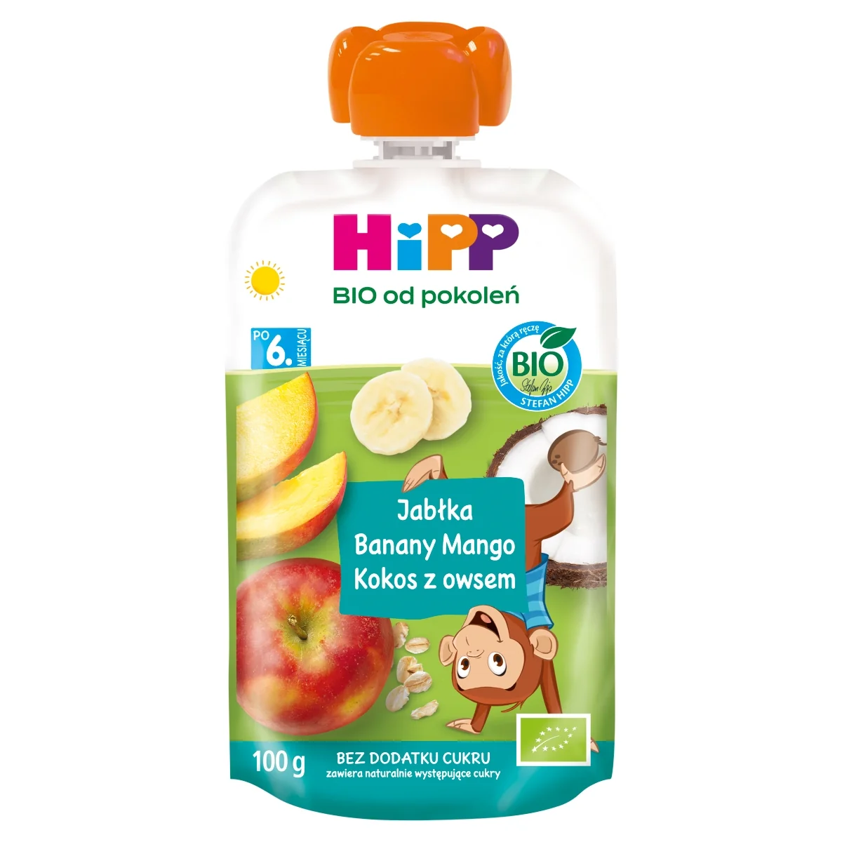 HiPP BIO od pokoleń mus owocowo-zbożowy jabłka-banany-mango-kokos po 6. miesiącu, 100 g