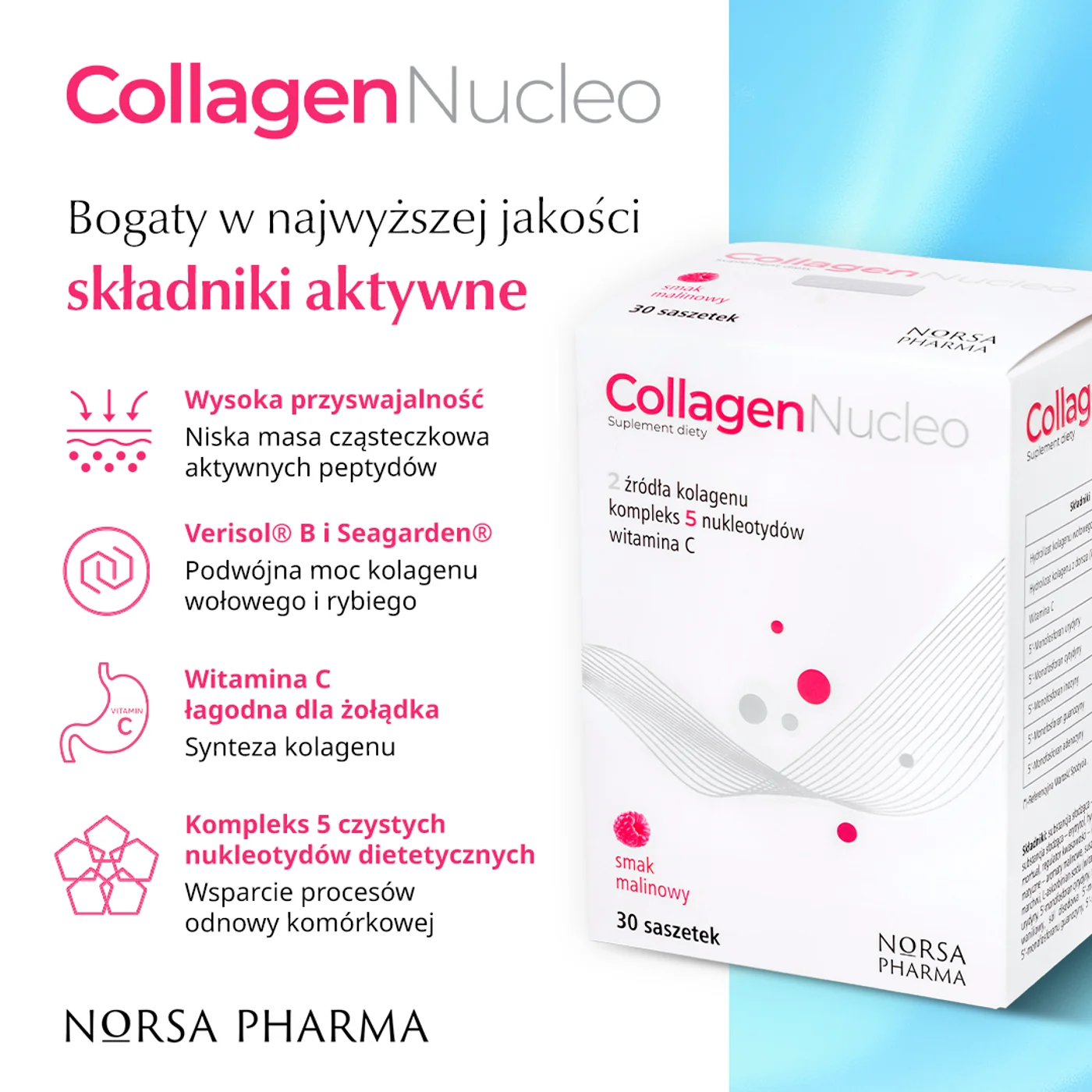 Norsa Pharma Collagen Nucleo smak malinowy, 30 saszetek