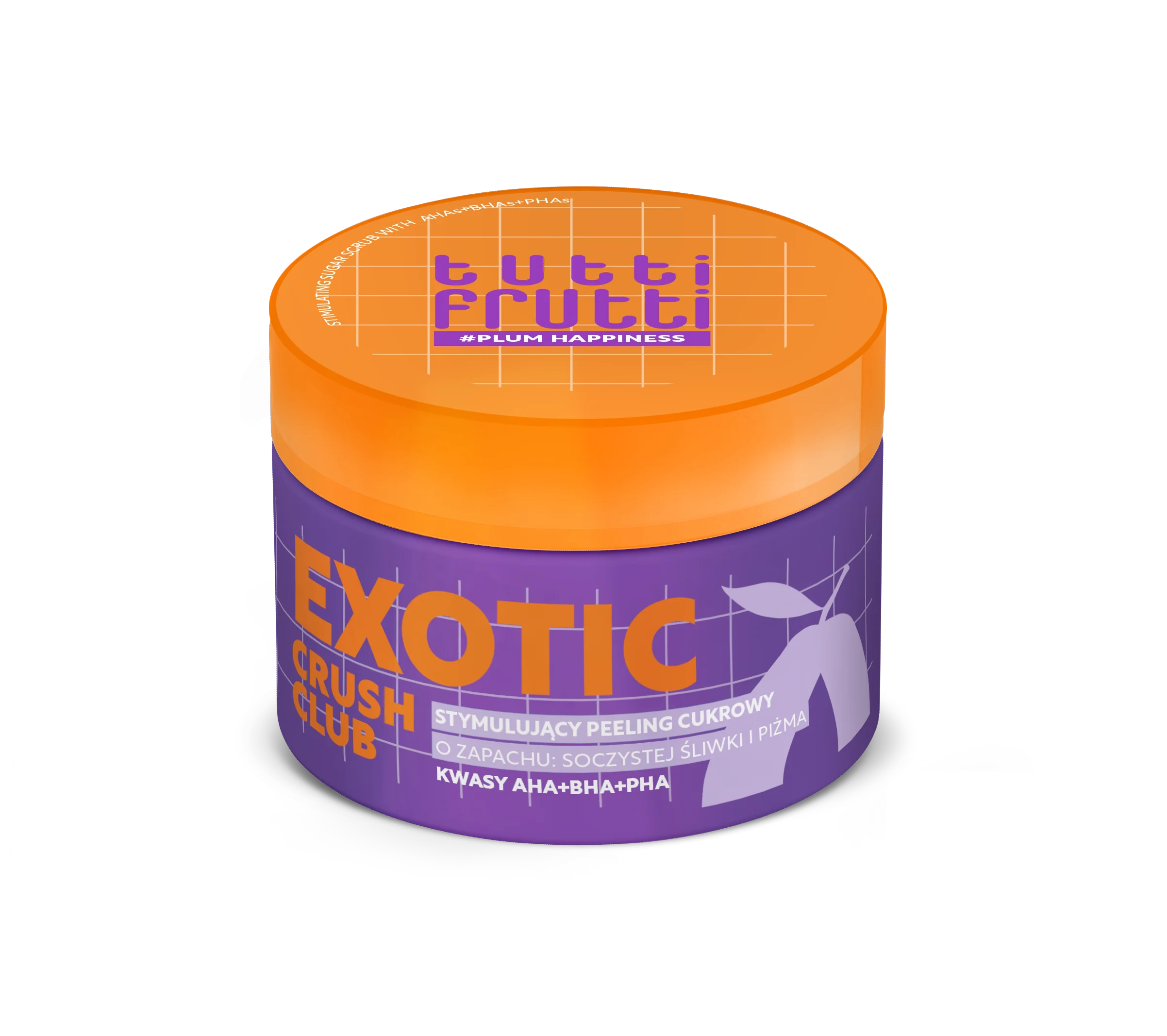Tutti Frutti #PlumHappiness stymulujący peeling cukrowy o zapachu soczystej śliwki i piżma, 250 g