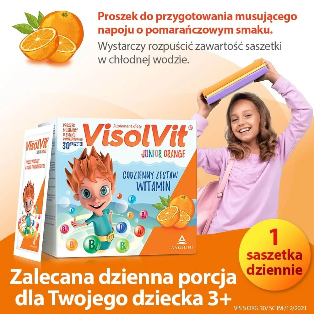 VisolVit Junior Orange, proszek musujący o smaku pomarańczowym, 30 saszetek 