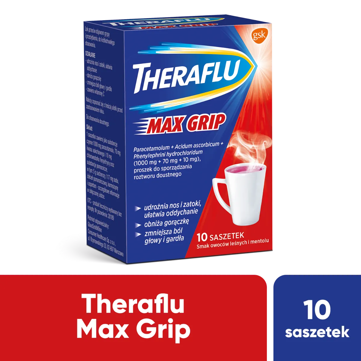 Theraflu Max Grip, 1000 mg + 70 mg + 10 mg, 10 saszetek 