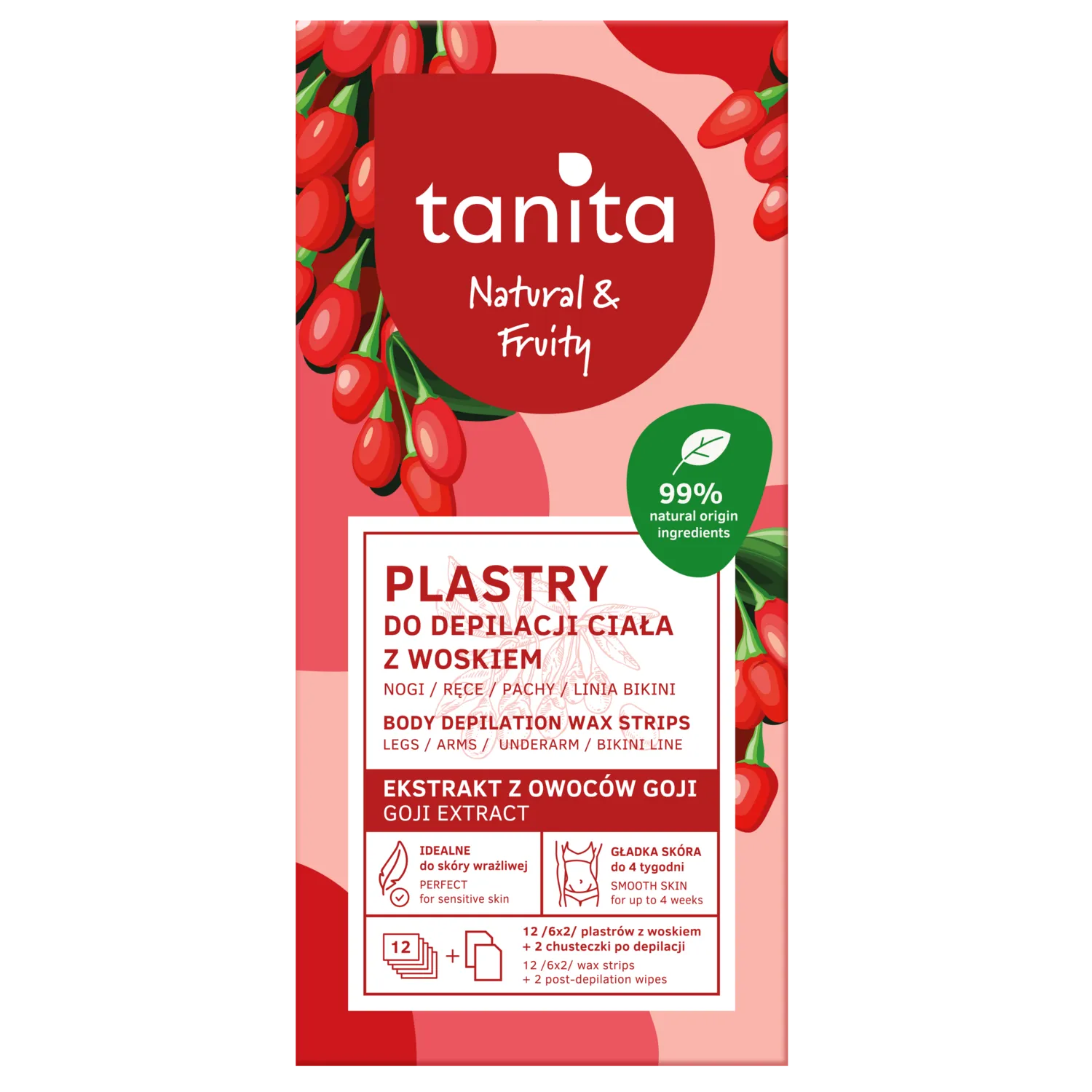 Tanita Natural & Fruity Owoce Goji plastry z woskiem do depilacji ciała, 12 sztuk