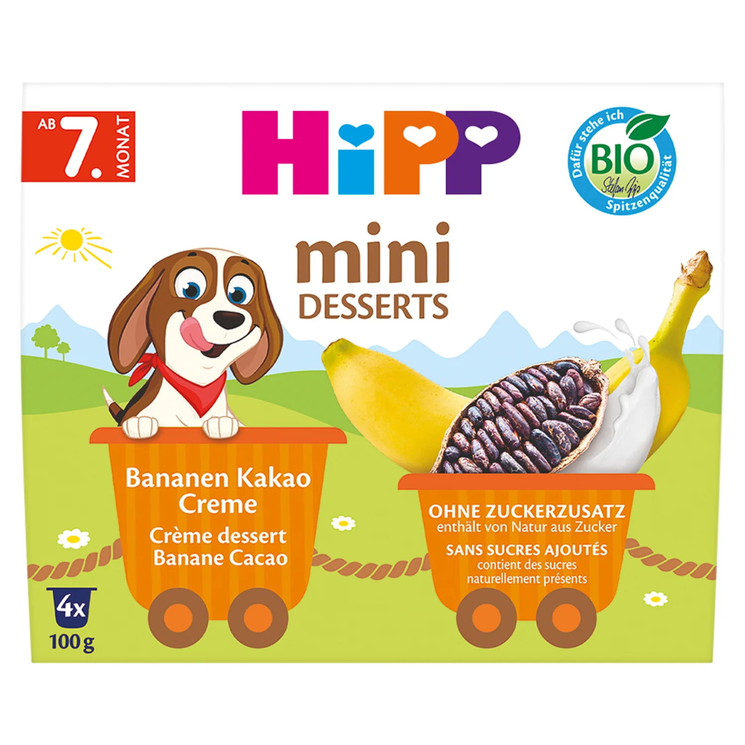 HIPP Mini deserek krem z bananami i kakao BIO, 4 x 100 g
