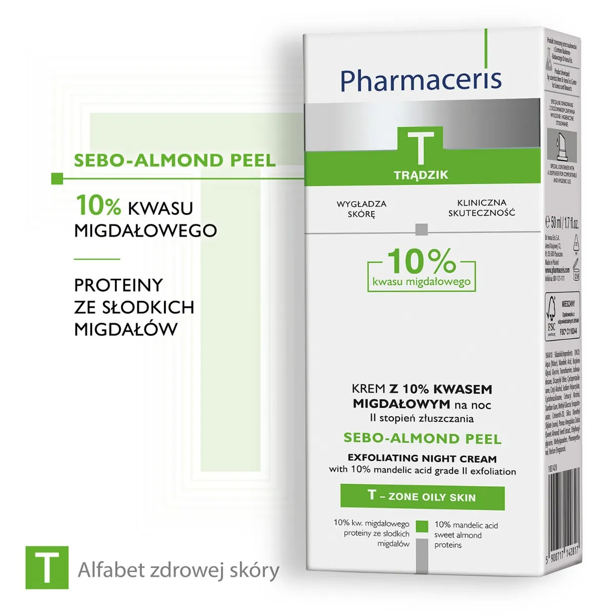 Pharmaceris T Sebo-Almond Peel, krem z 10% kwasem migdałowym na noc, II stopień złuszczenia, 50 ml 