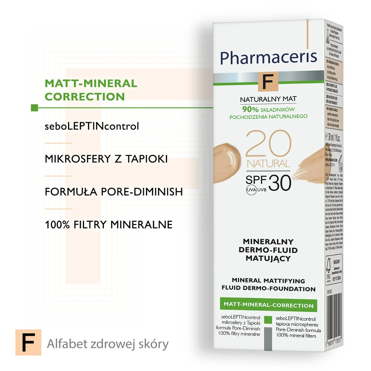 Pharmaceris F Matt-Mineral-Correction mineralny dermo-fluid matujący SPF 30, Natural 20, 30 ml