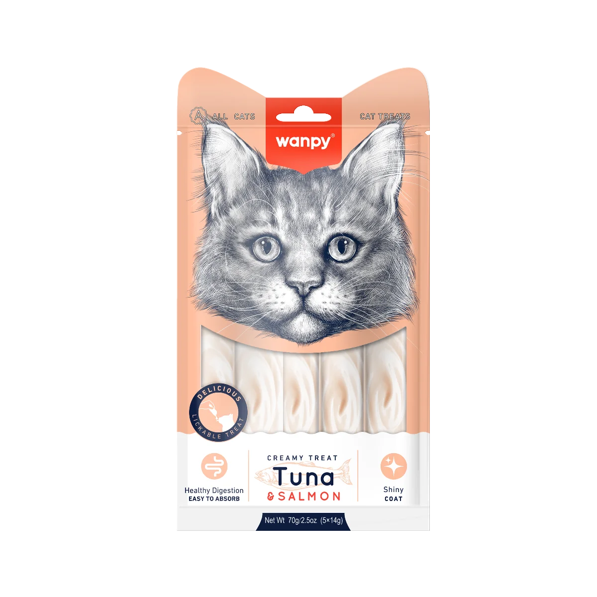Wanpy Tuna & Salmon Creamy Treat kremowy przysmak do lizania o smaku tuńczyka i łososia dla kotów, 5 x 14 g