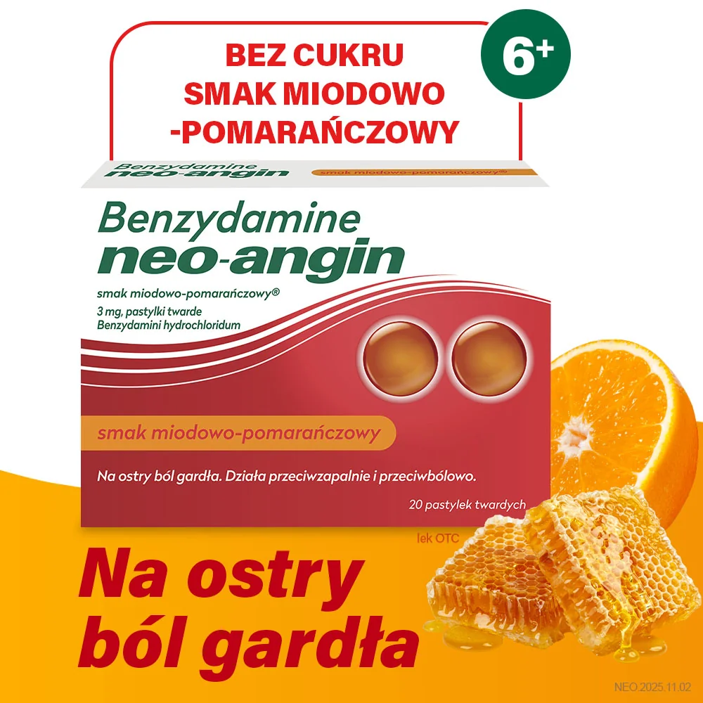 Benzydamine Neo-Angin 3 mg smak miodowo-pomarańczowy, 20 pastylek twardych