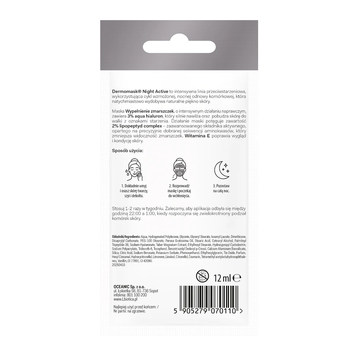 Dermomask Night Active Wypełnienie Zmarszczek maseczka naprawcza, 12 ml, 1 saszetka