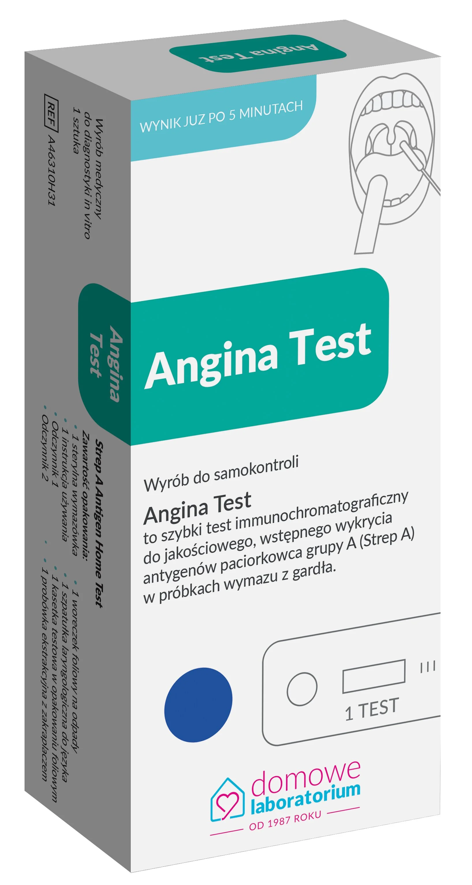 Domowe Laboratorium Angina Test jednorazowy test domowy z wymazu gardła, 1 sztuka