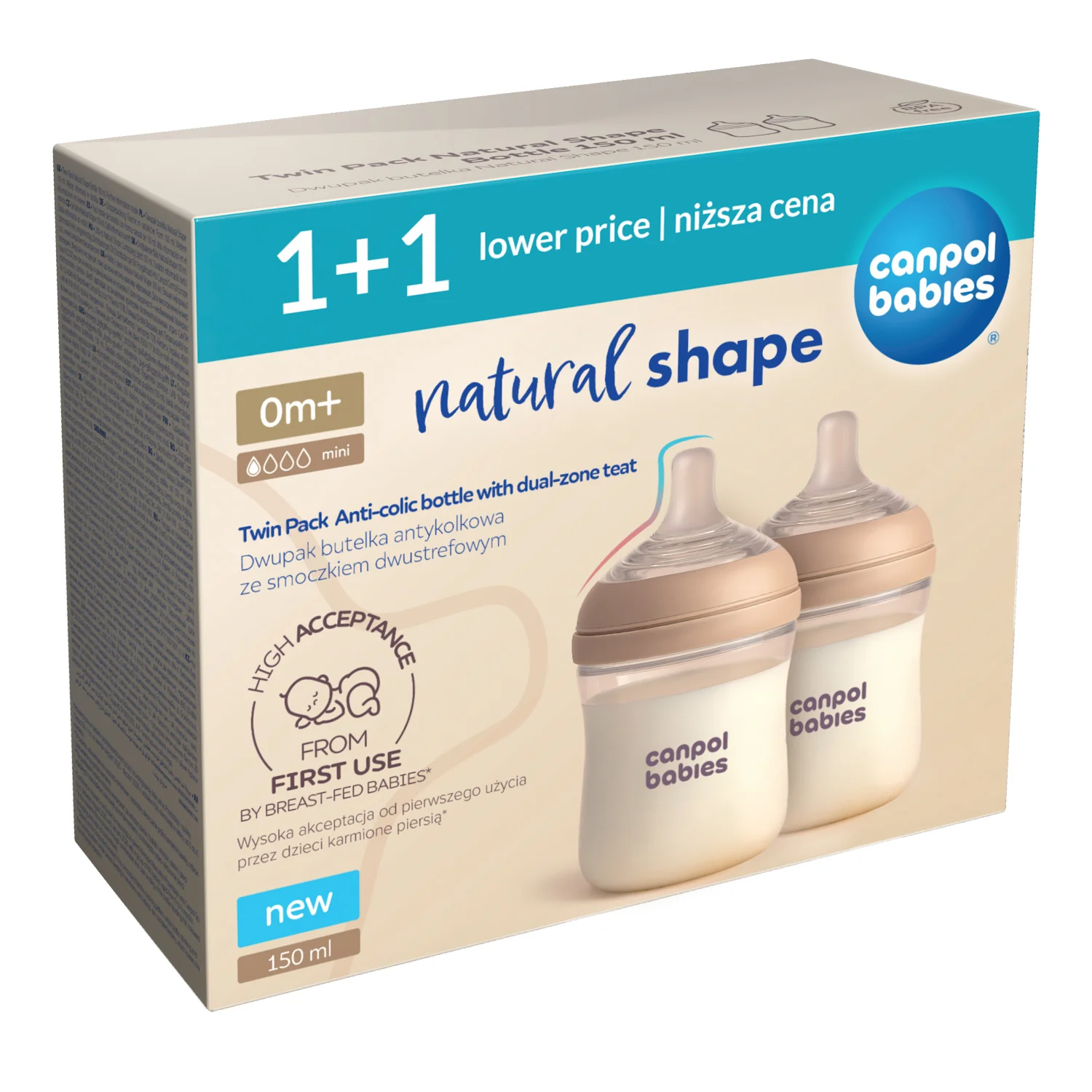 Canpol Babies Natural Shape Dwupak butelka ze smoczkiem dwustrefowym 150 ml, 2 sztuki