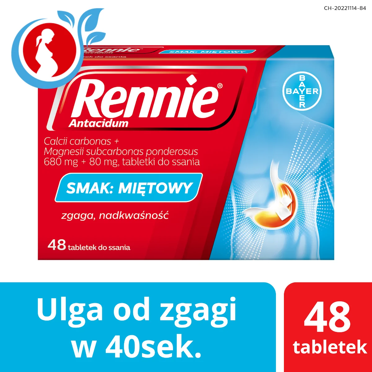 Rennie Antacidum 680 mg + 80 mg, smak miętowy, 48 tabletek do ssania