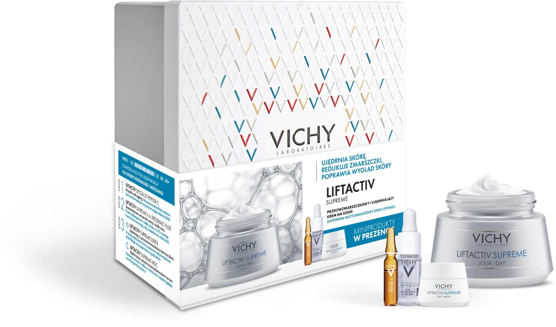 Vichy Zestaw Supreme, ujędrniający i przeciwzmarszczkowy krem na dzień, 50 ml + ampułka anti-ageing, 1,8 ml + skoncentrowane serum do twarzy i okolic oczu, 10 ml + ujędrniający i przeciwzmarszczkowy krem na noc, 15 ml