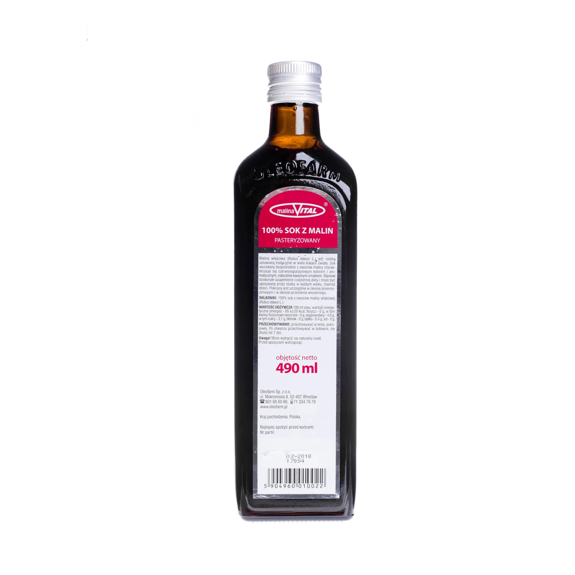 MalinaVital 100% sok z malin, pasteryzowany, 490 ml 
