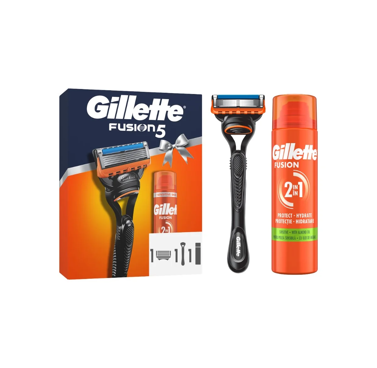 Gillette Fusion5 Zestaw męska maszynka do golenia z 5 ostrzami + 1 wkład wymienny + żel do golenia, 200 ml