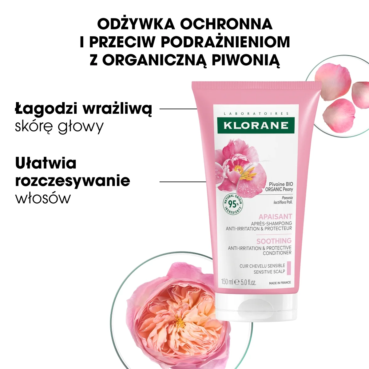 Klorane odżywka ochronna i przeciw podrażnieniom z piwonią, 150 ml