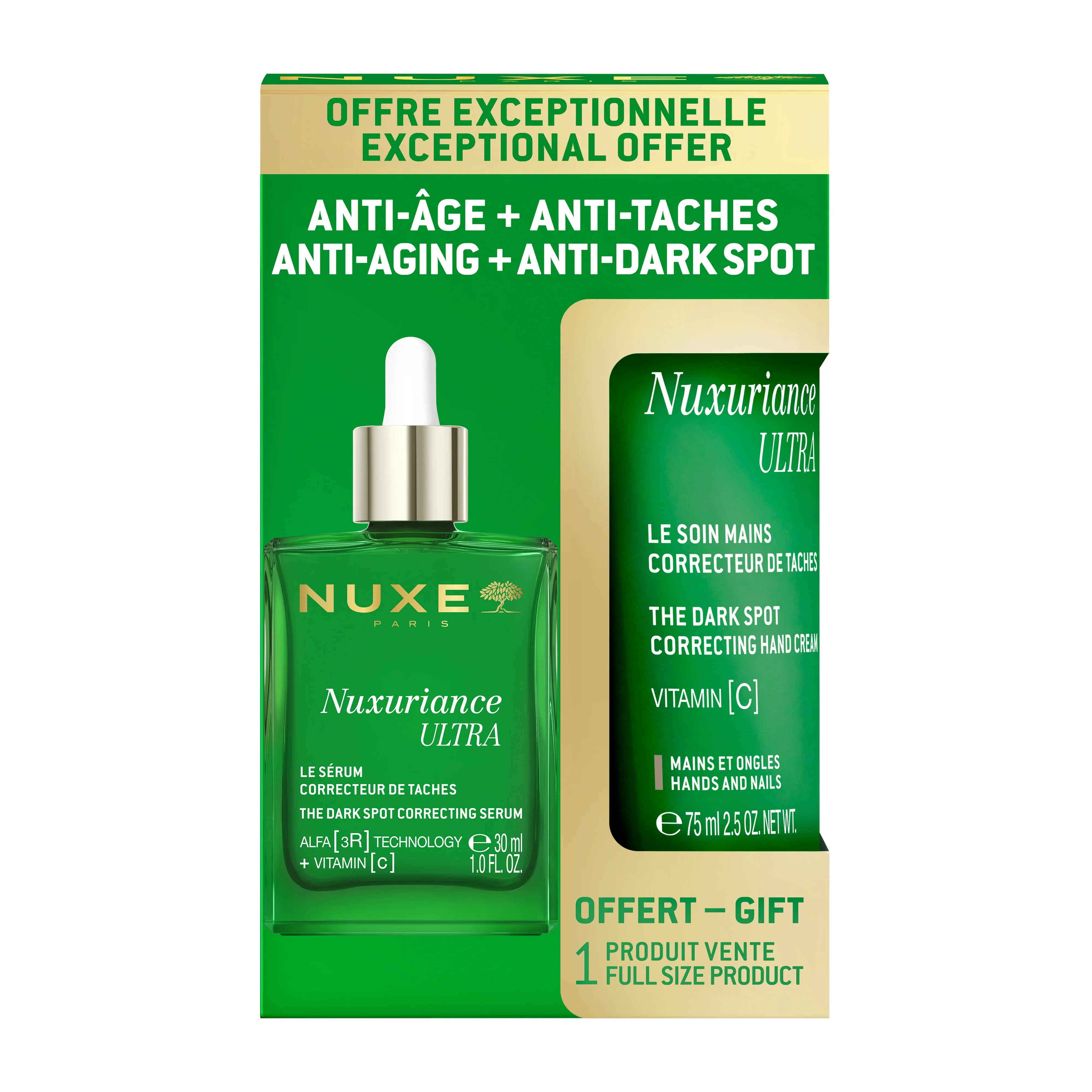 NUXE Nuxuriance Ultra serum do twarzy przeciwstarzeniowe, 30 ml + krem do rąk przeciw przebarwieniom, 75 ml