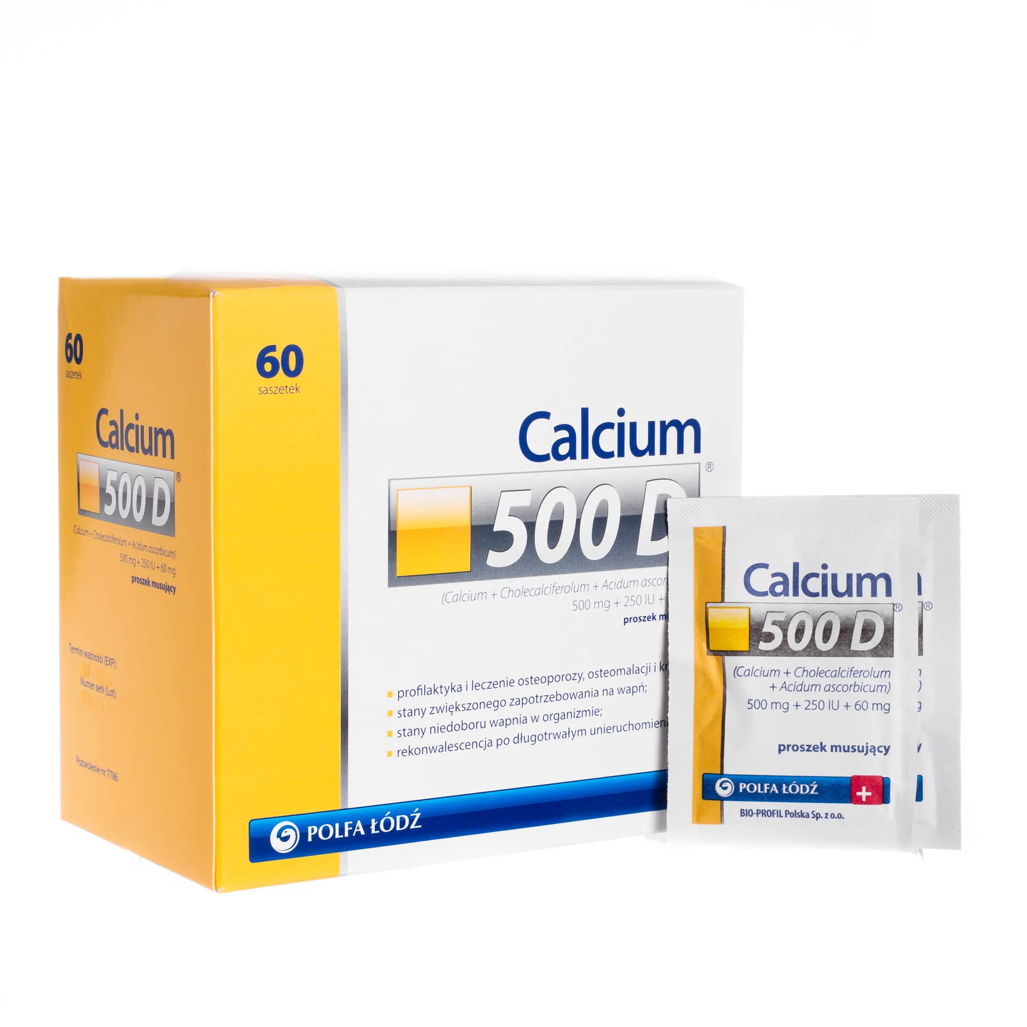 Calcium 500 D ( Calcium 500 mg + Cholecalciferolum 250 IU + Acidum ascorbicum 60 mg ) proszek musujący, 60 saszetek