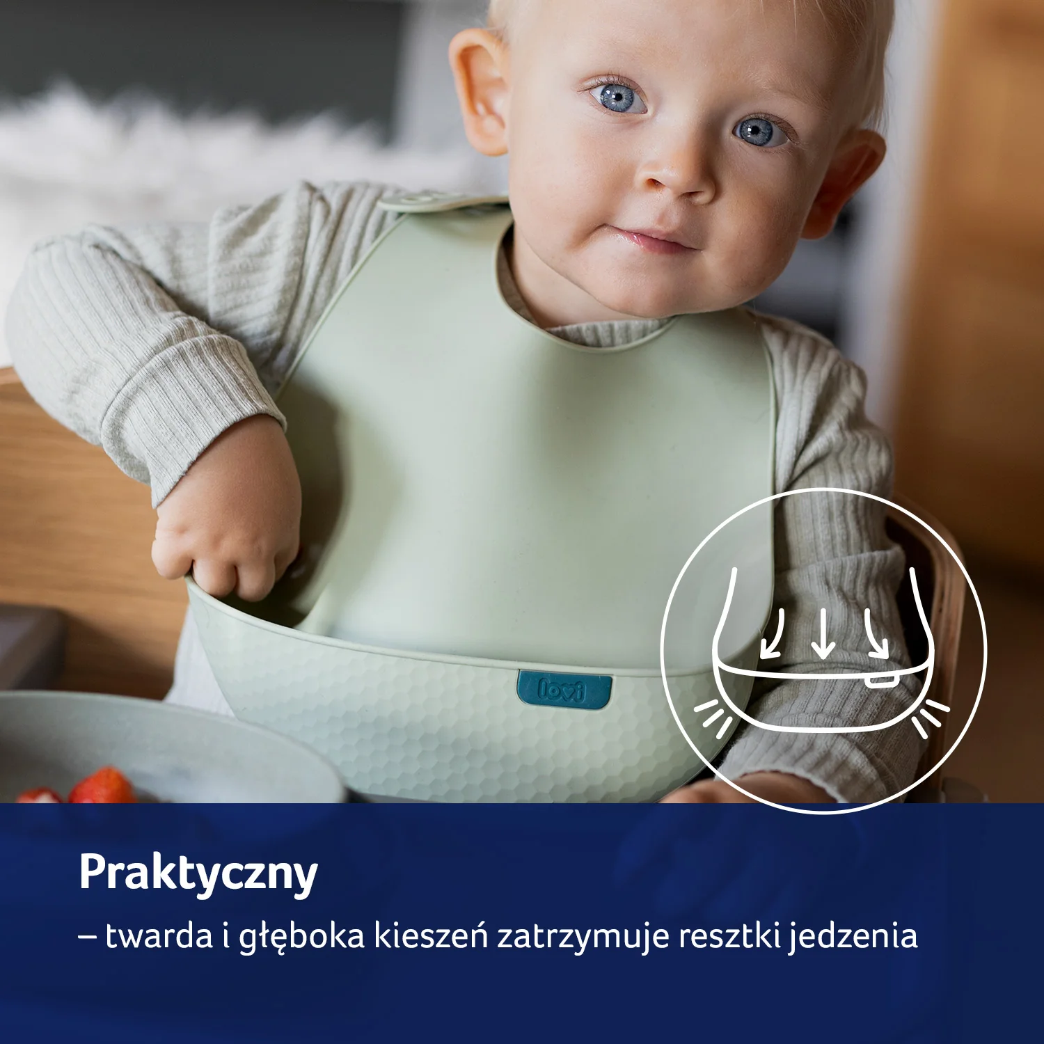 LOVI Śliniak silikonowy z kieszonką pistachio, 1 sztuka