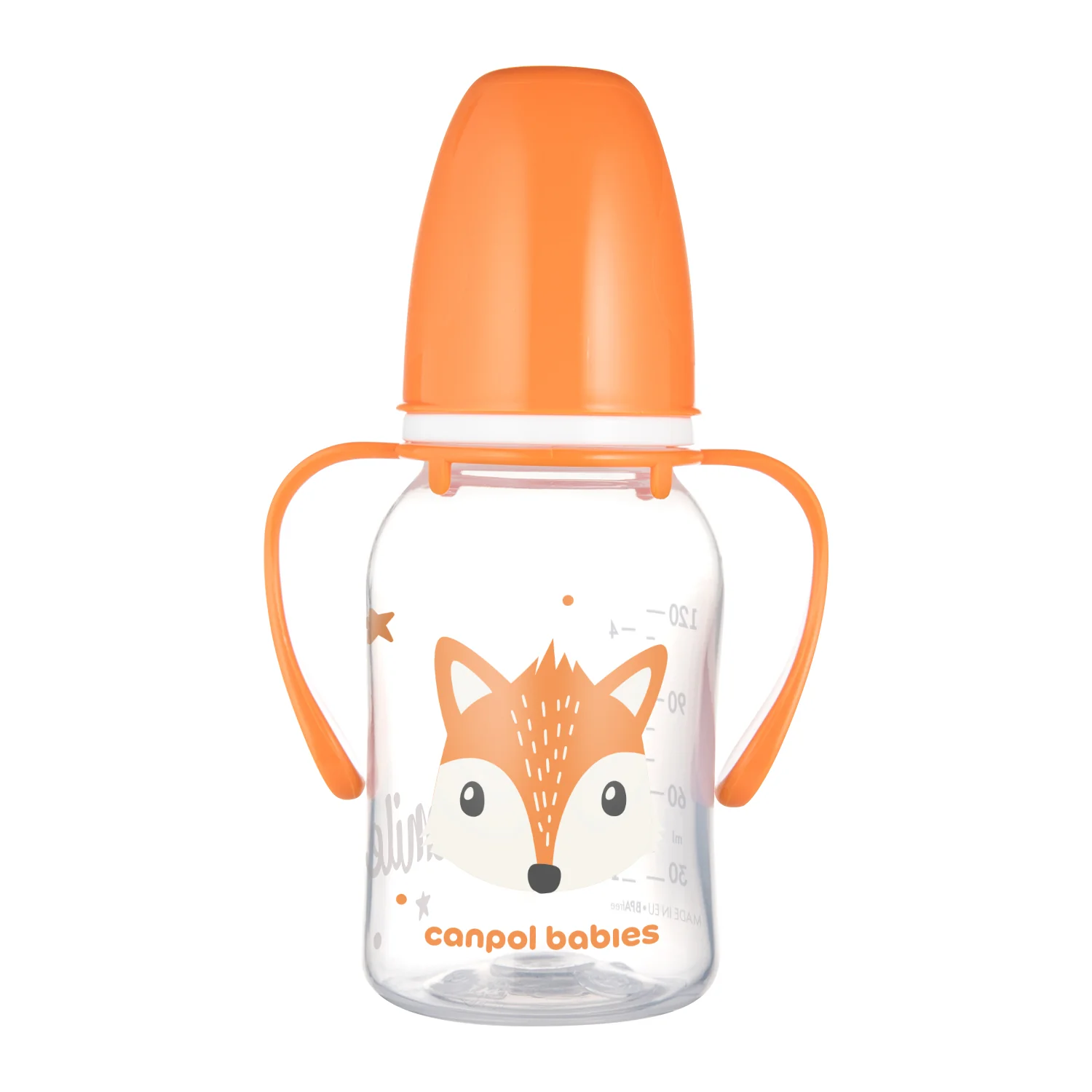Canpol Babies CUTE ANIMALS pomarańczowa butelka z uchwytami 120 ml, 1 sztuka