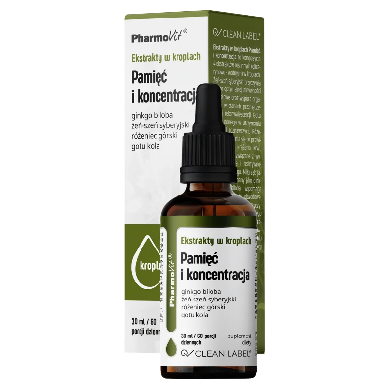 Pharmovit Clean label Ekstrakty w kroplach Pamięć i koncentracja, suplement diety, 30 ml