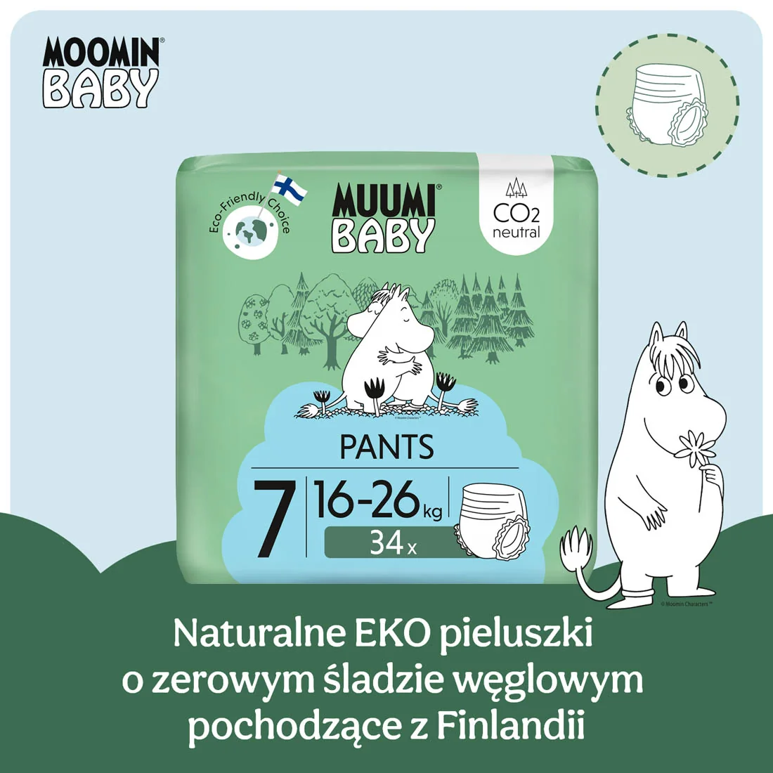Muumi Baby Walkers 7 XL pieluchomajtki ekologiczne, 16-26 kg, 34 szt.
