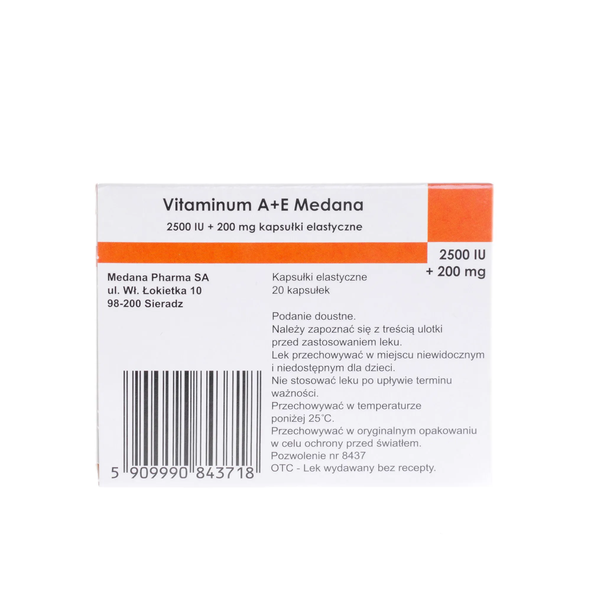 Vitaminum A + E Medana 2500 IU + 200 mg, 20 kapsułek 