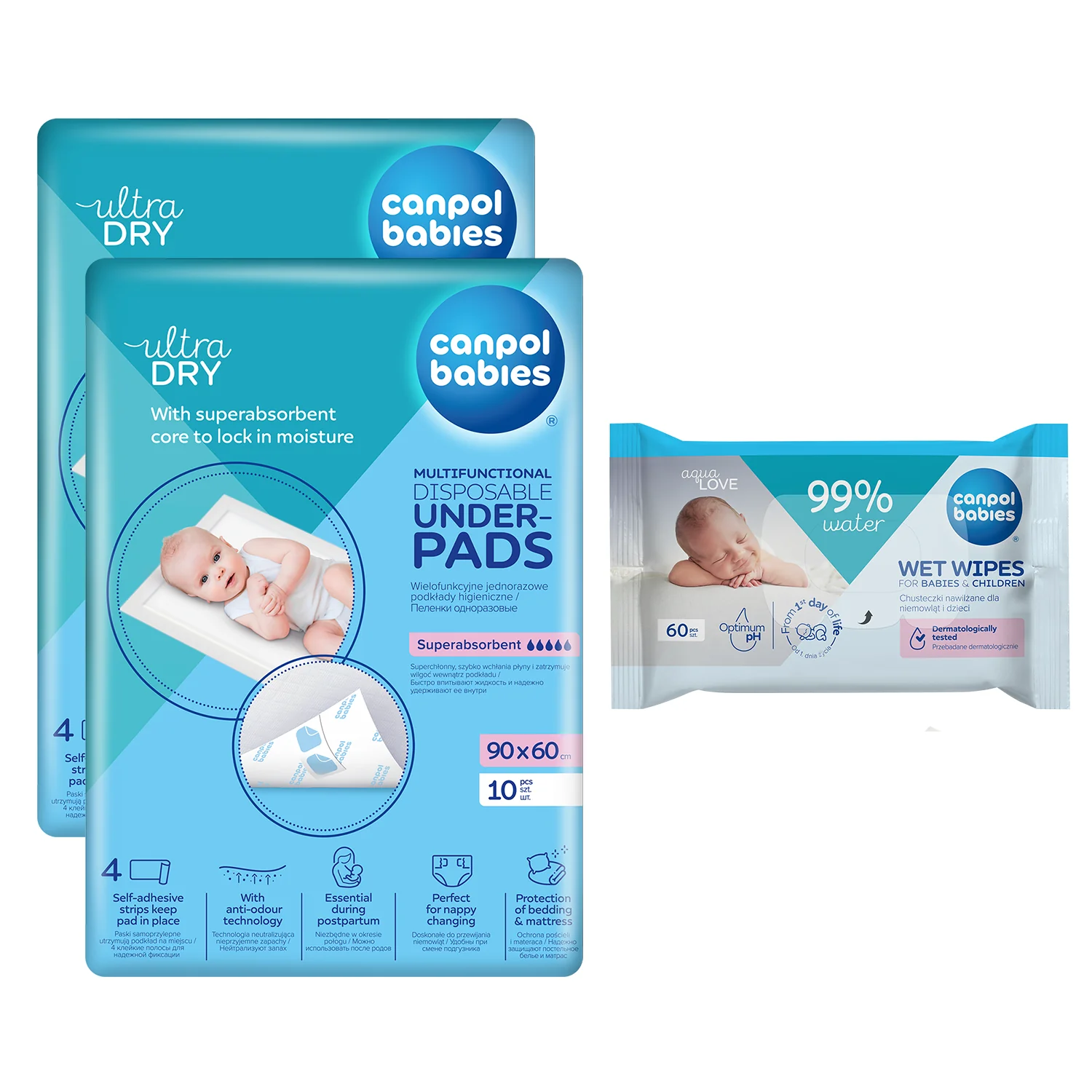 Canpol babies ultraDRY Zestaw wielofunkcyjne podkłady higieniczne 90x60 cm, 2 x 5 sztuk + chusteczki nawilżające, 60 sztuk GRATIS