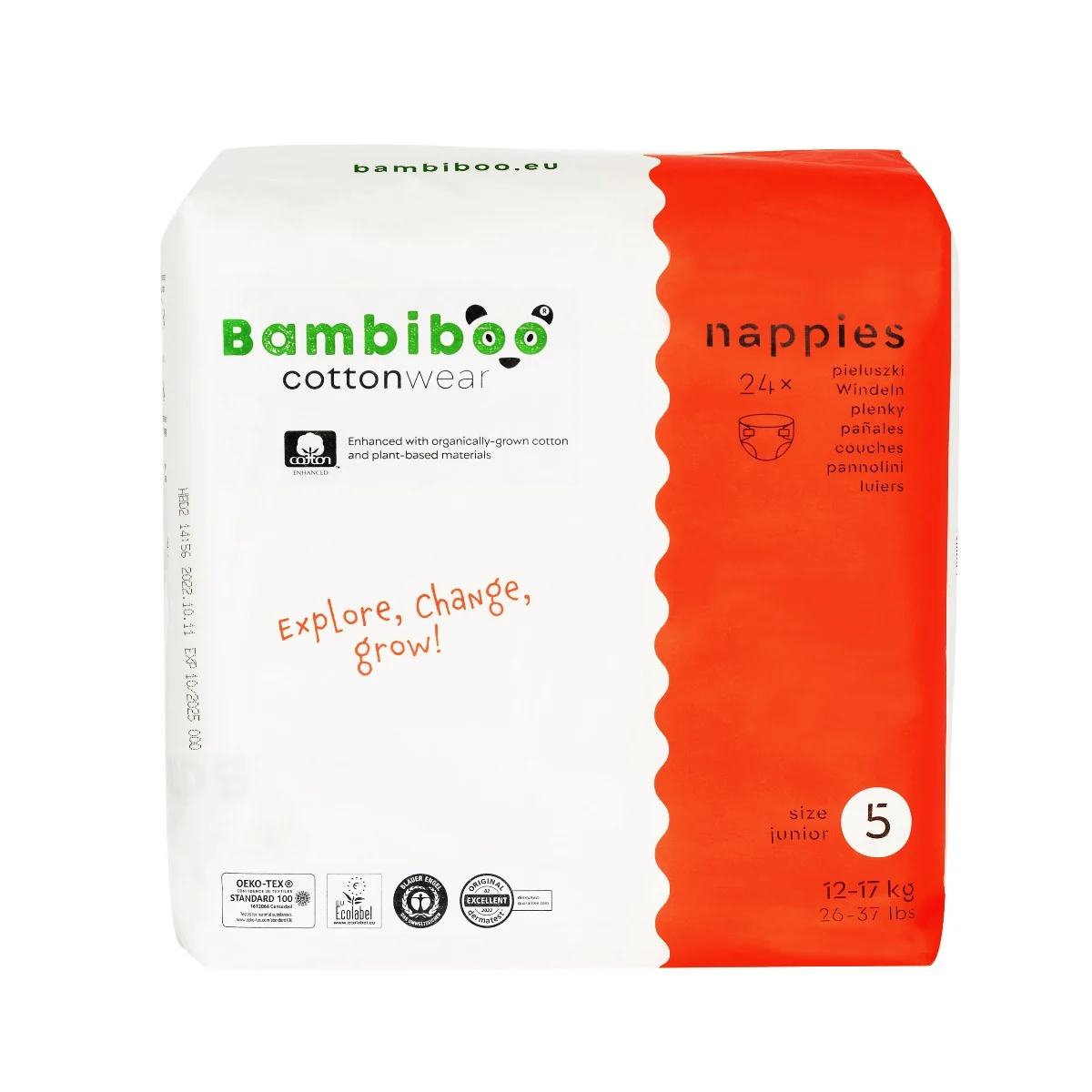 Bambiboo COTTONWEAR jednorazowe pieluszki z bawełną organiczną rozmiar 5, 24 szt.