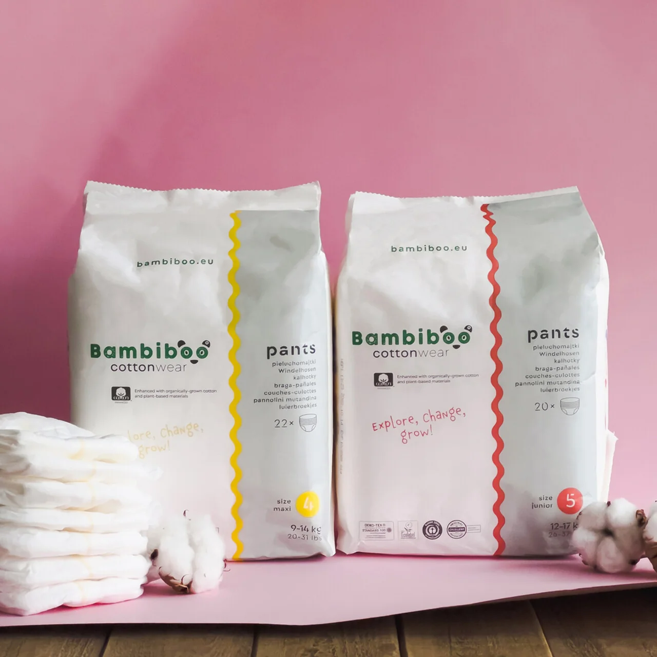 Bambiboo COTTONWEAR jednorazowe pieluchomajtki z bawełną organiczną rozmiar 4, 22 szt.