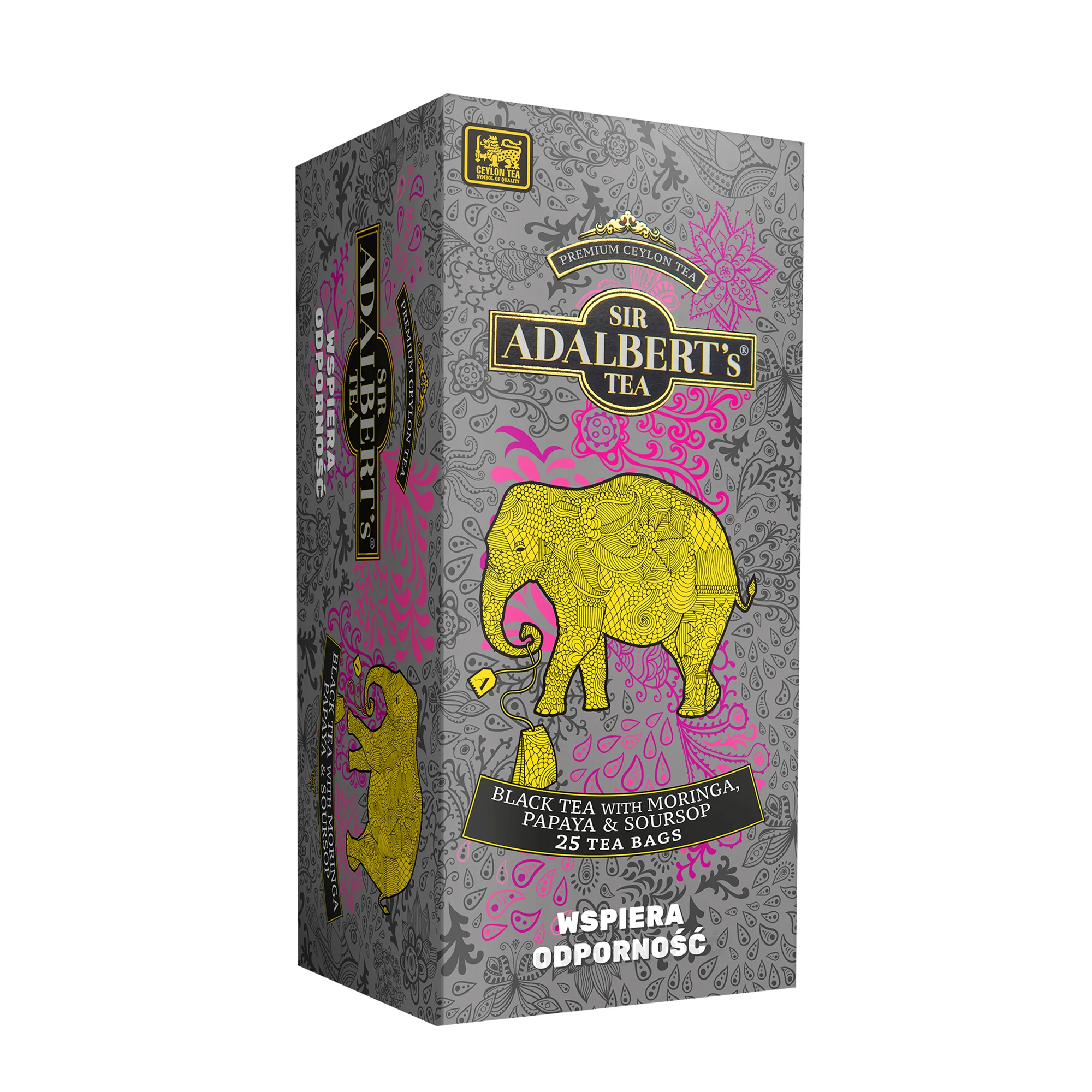Sir Adalbert's Tea czarna herbata w saszetkach z Moringą, Papają i flaszowcem miękkociernistym WSPIERA ODPORNOŚĆ, 25 x 2 g
