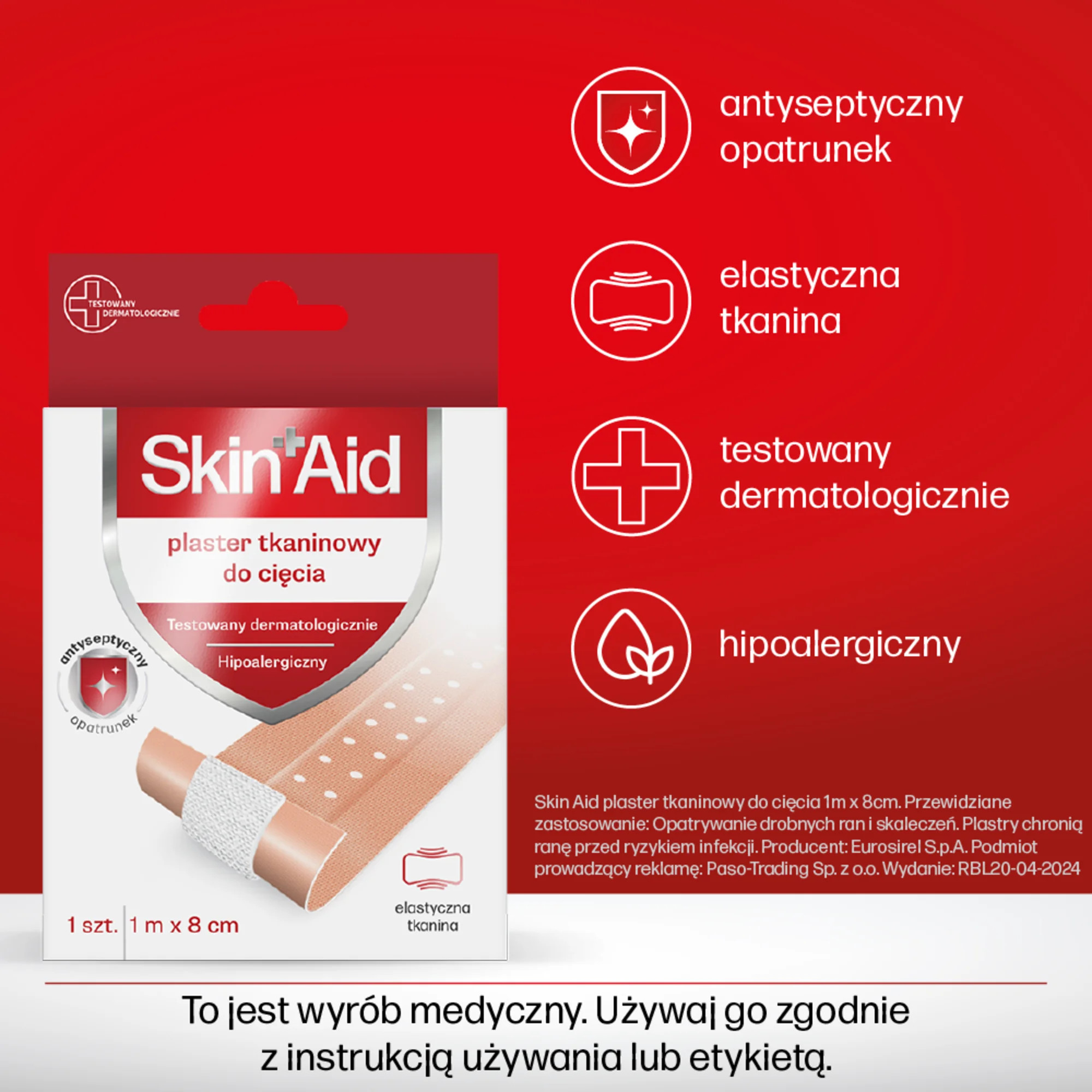 Skin Aid Plaster tkaninowy do cięcia 1 m x 8 cm, 1 sztuka