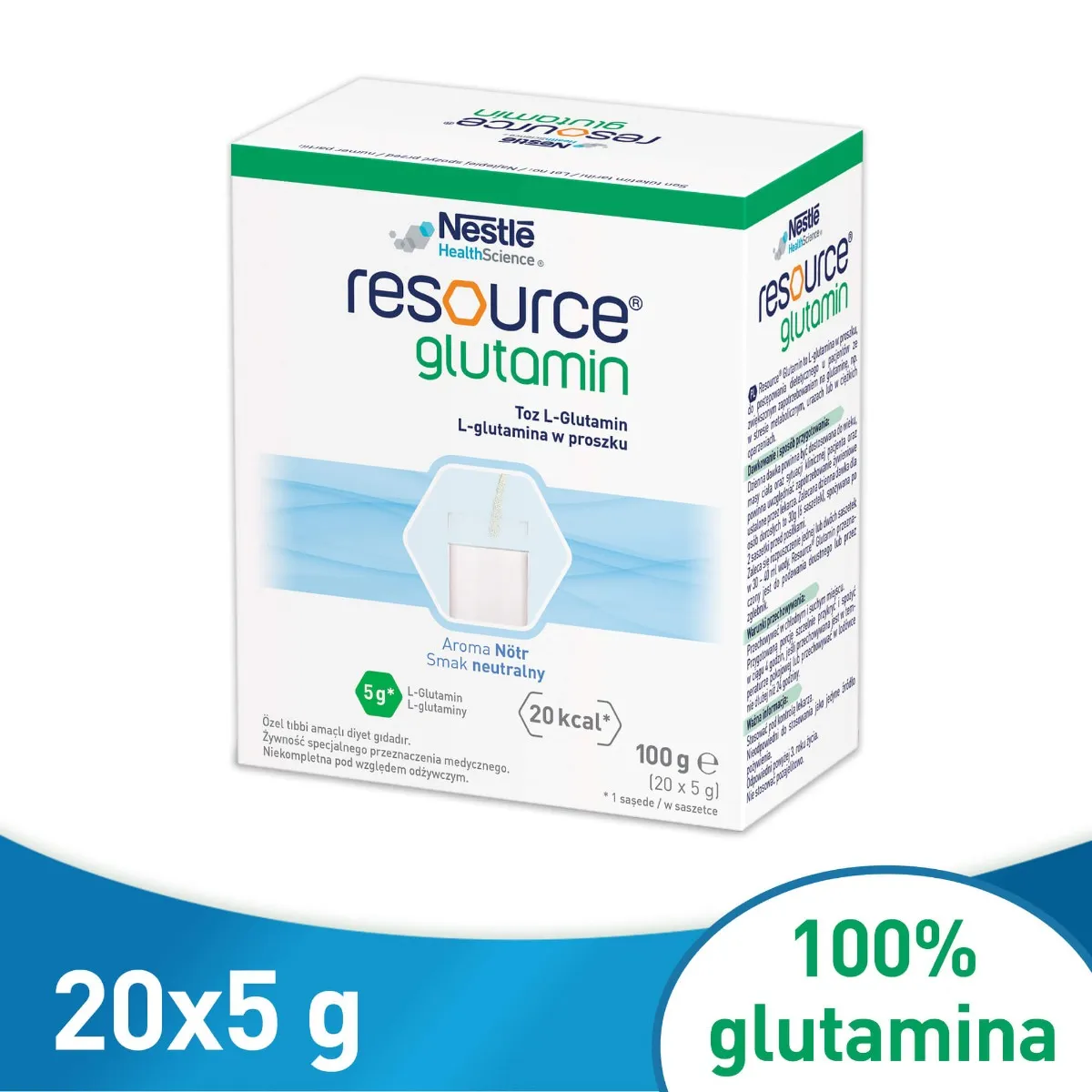Resource Glutamin, preparat aminokwasowy L-glutaminy w proszku, smak neutralny, 20 x 5 g