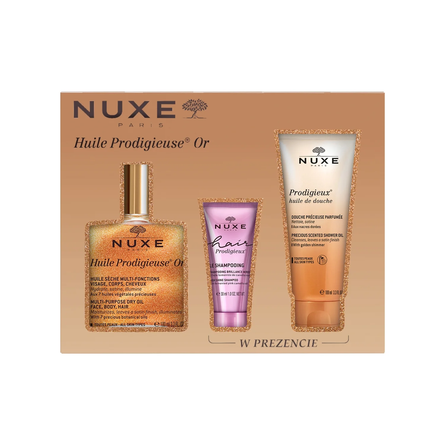 NUXE Huile Prodigieuse® Or zestaw, suchy olejek ze złotymi drobinkami, 100 ml + szampon, 30 ml + olejek pod prysznic, 100 ml