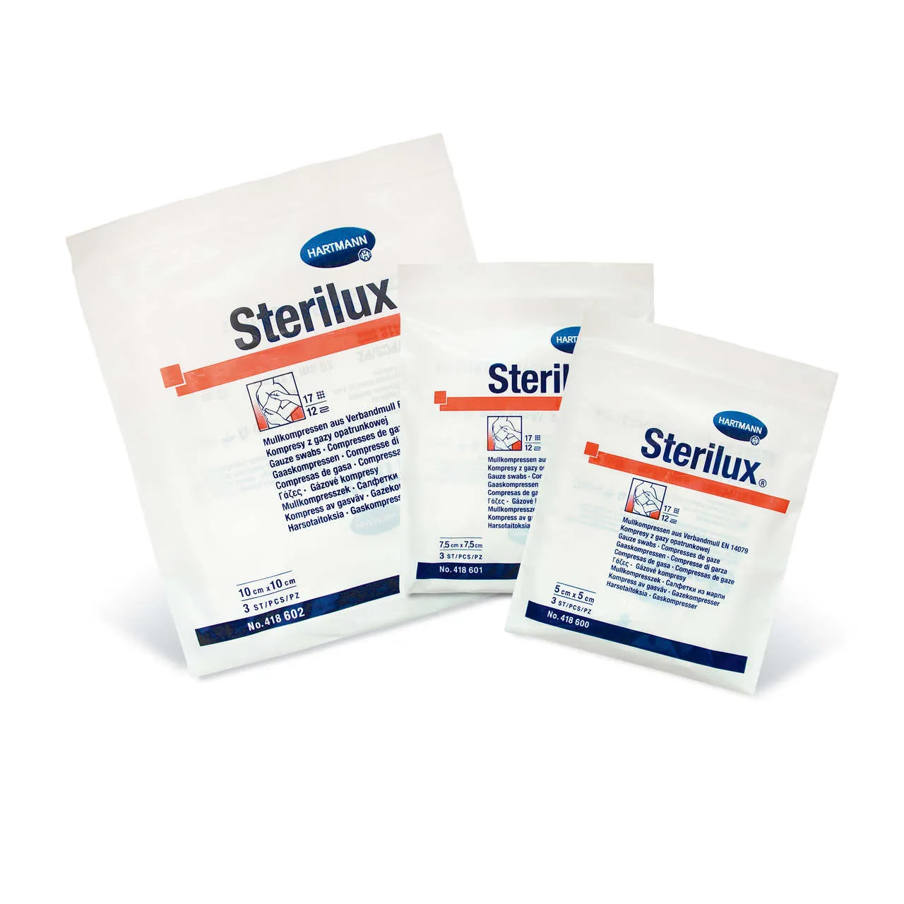 Sterilux, kompresy z gazy bawełnianej, jałowe, 17-nitkowe, 12 warstw, 7,5 cm x 7,5 cm, 3 sztuki