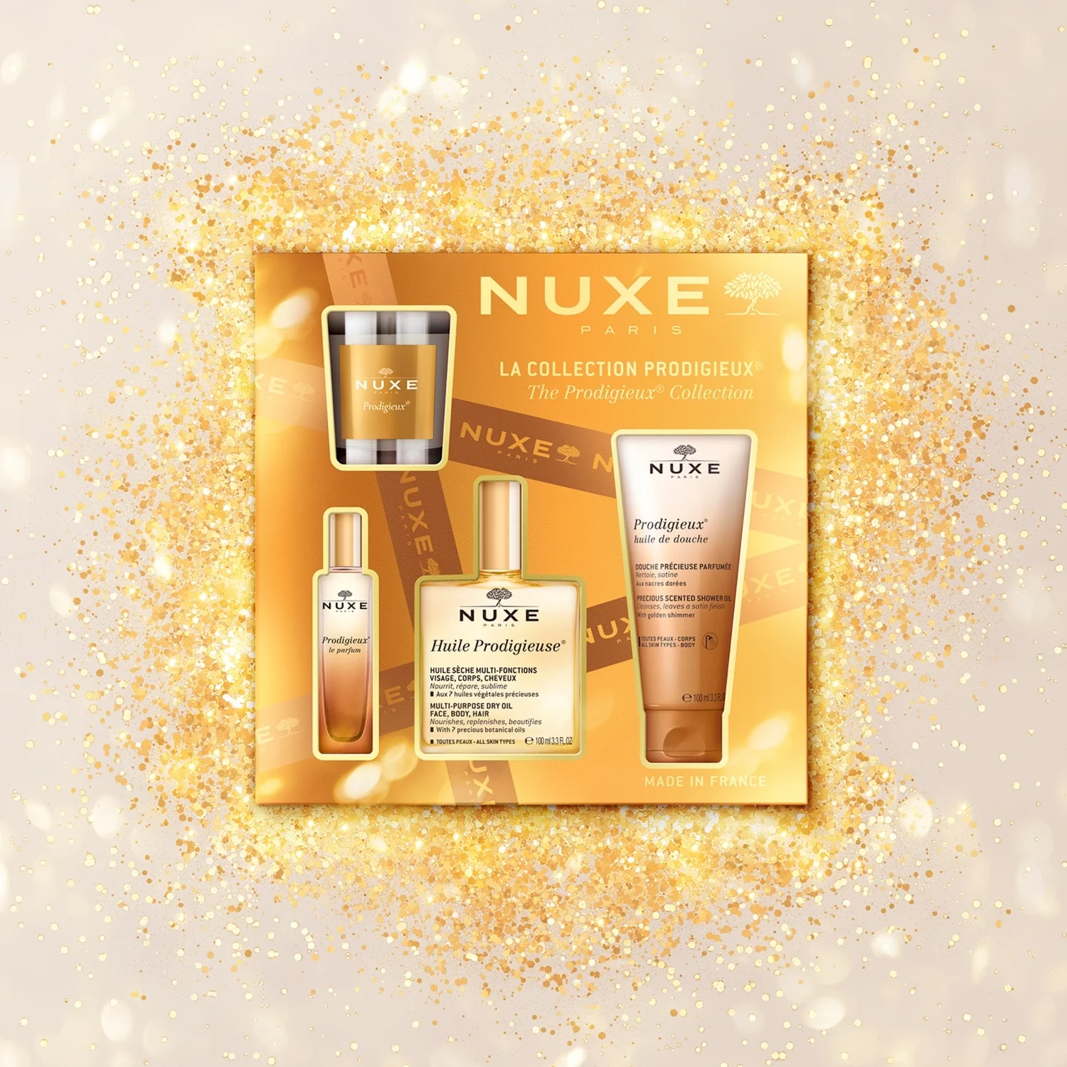 Nuxe zestaw The Legendary Glow Huile Prodigieuse®, 100 ml + Prodigieux® perfumy, 15 ml + Prodigieux® olejek pod prysznic, 100 ml + świeca zapachowa, 70 g