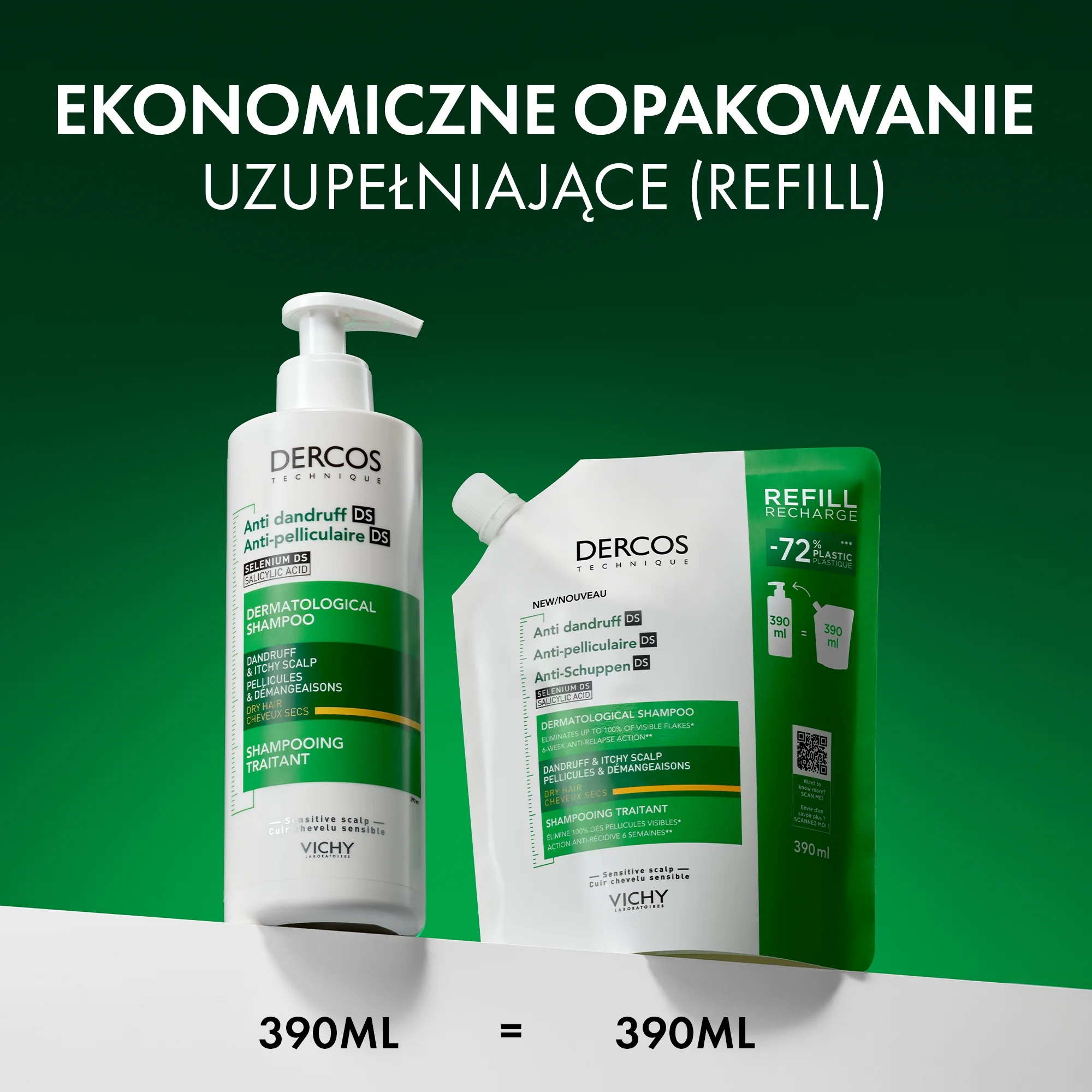 Vichy Dercos DS szampon przeciwłupieżowy do włosów suchych, REFILL, 390 ml
