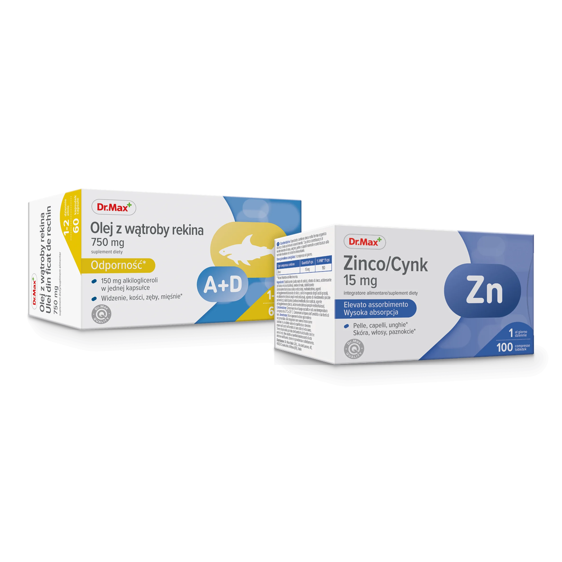 Komplet troski o odporność Cynk Dr. Max 100 tabletek + Olej z wątroby rekina Dr. Max 60 kapsułek
